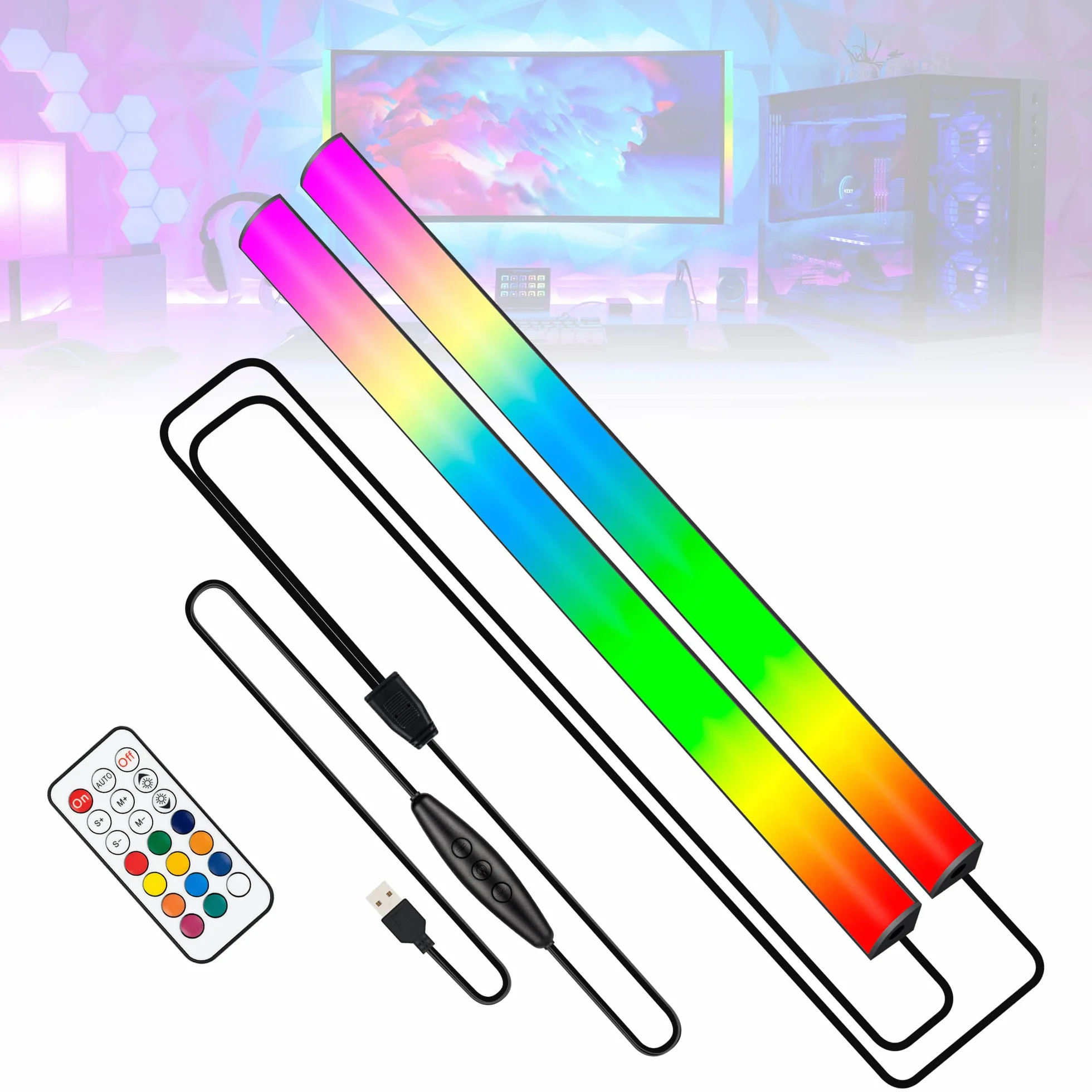 JUSJUBR 2 barras de luz RGB debajo del monitor, luces de juego para configuración de juegos, 353 modos de cambio de color, barra de luz de escritorio con control remoto, barra de luz RGB para