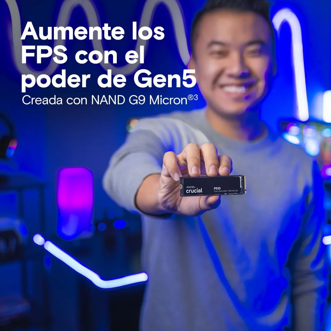 Crucial P510 SSD 1TB PCIe 5.0 x5 Gen5 NVMe M.2, Velocidades de lectura hasta 11.000 MB/s, escritura 9.500 MB/s, Ordenador Portátil y de Sobremesa, TLC NAND, Disco Duro Interno- CT1000P510SSD8-01