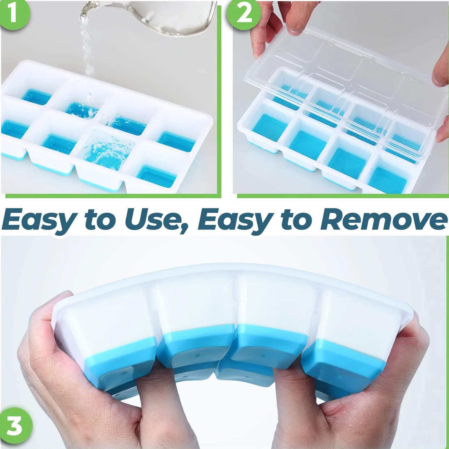 JRISBO Cubiteras para Hielo Grande 2 Piezas, Silicona con Tapa sin BPA Apilables Moldes de Hielo para Cóctel Whisky (Azul + Verde)