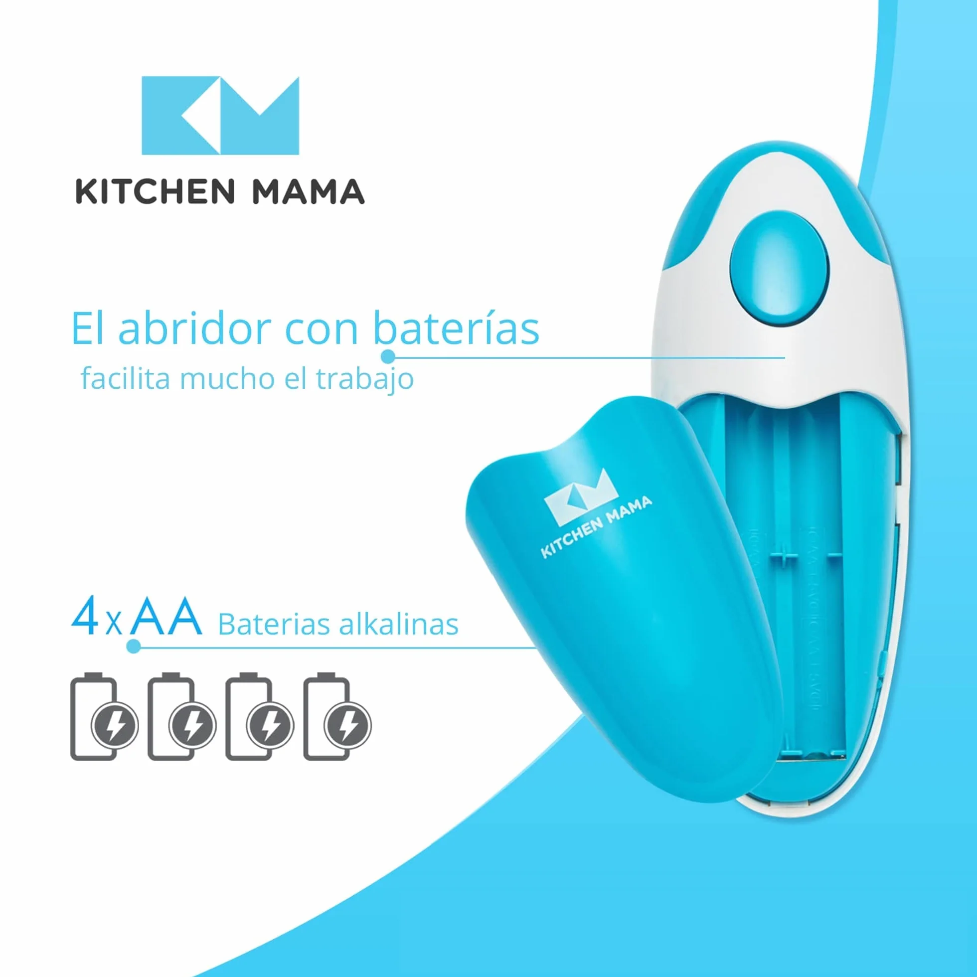 Kitchen Mama Abrelatas eléctrico Auto, automático, manos libres, borde liso, apto para alimentos, funciona con pilas (Azul cielo)