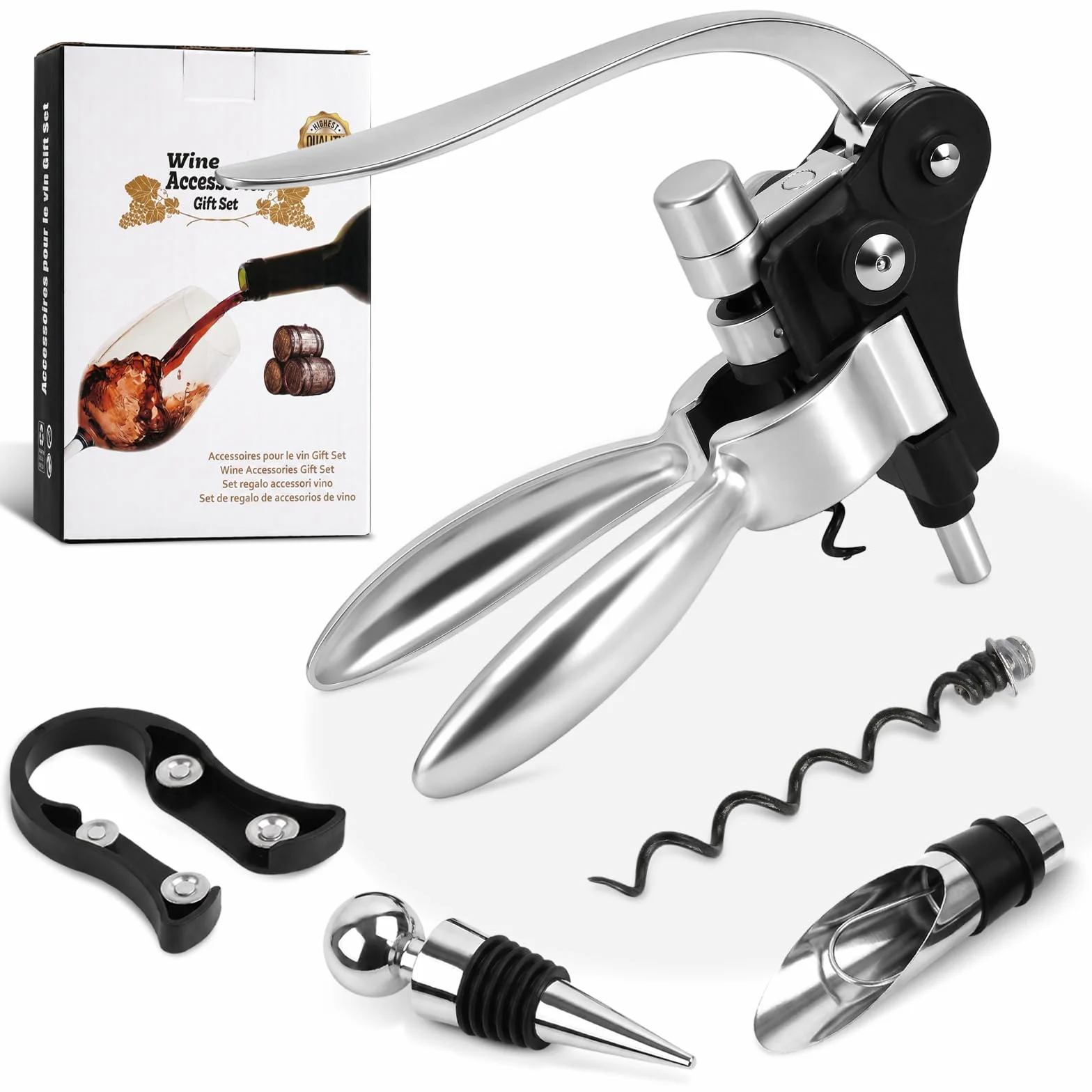 Abridor de Vino Set 5 Piezas Sacacorchos Profesional Manual con Vertedor Tapón Cortacápsulas y Espiral Intercambiable