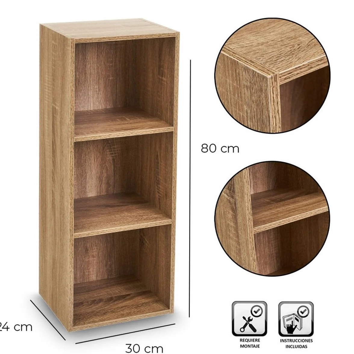 LOLAhome Estantería Cubo de Madera 3 Estantes 80 cm Natural