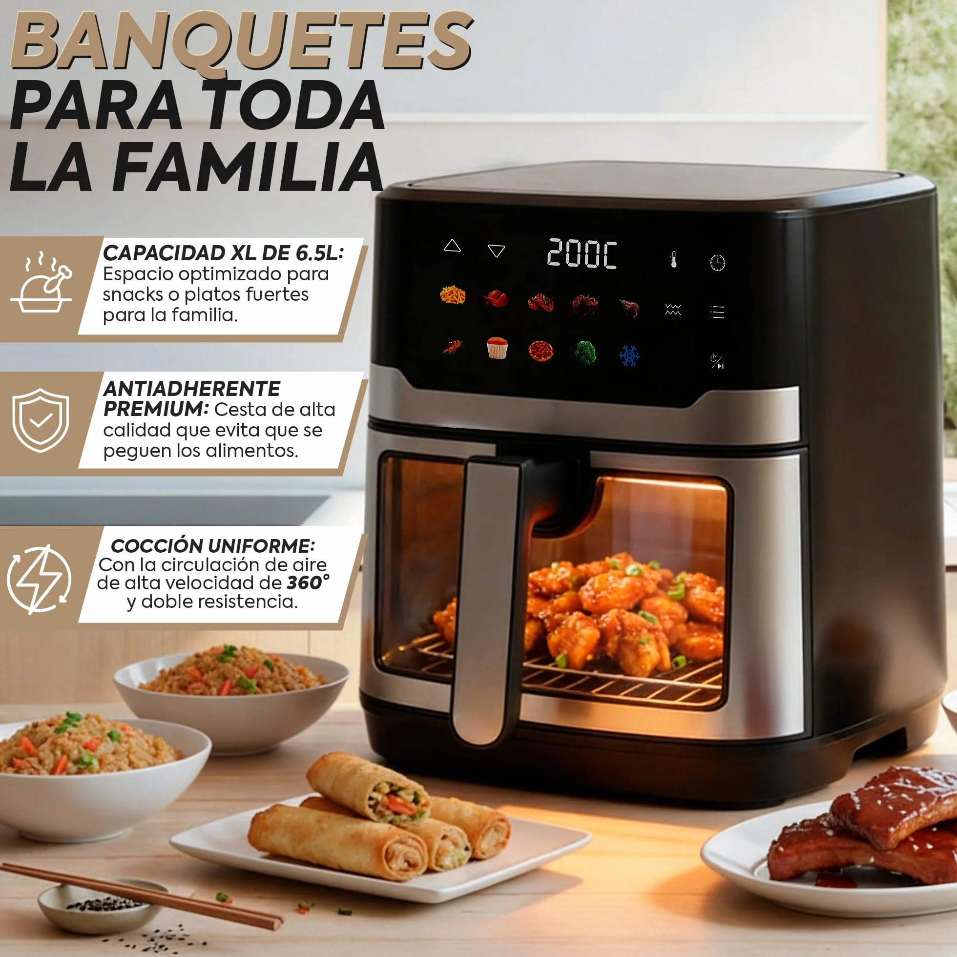 Narvi Freidora de Aire Doble Resistencia 6.5L 2200W 10 Menús Panel Digital Táctil