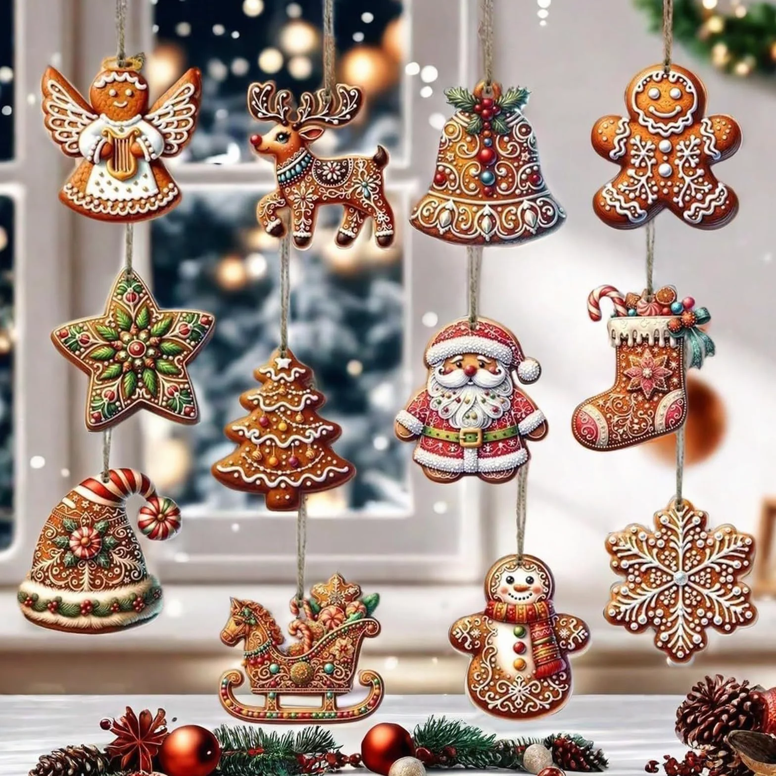 Adornos Arbol Navidad de Madera 24 Piezas con Soga Papá Noel Reno Ángel Estrella Christmas Tree Decorations