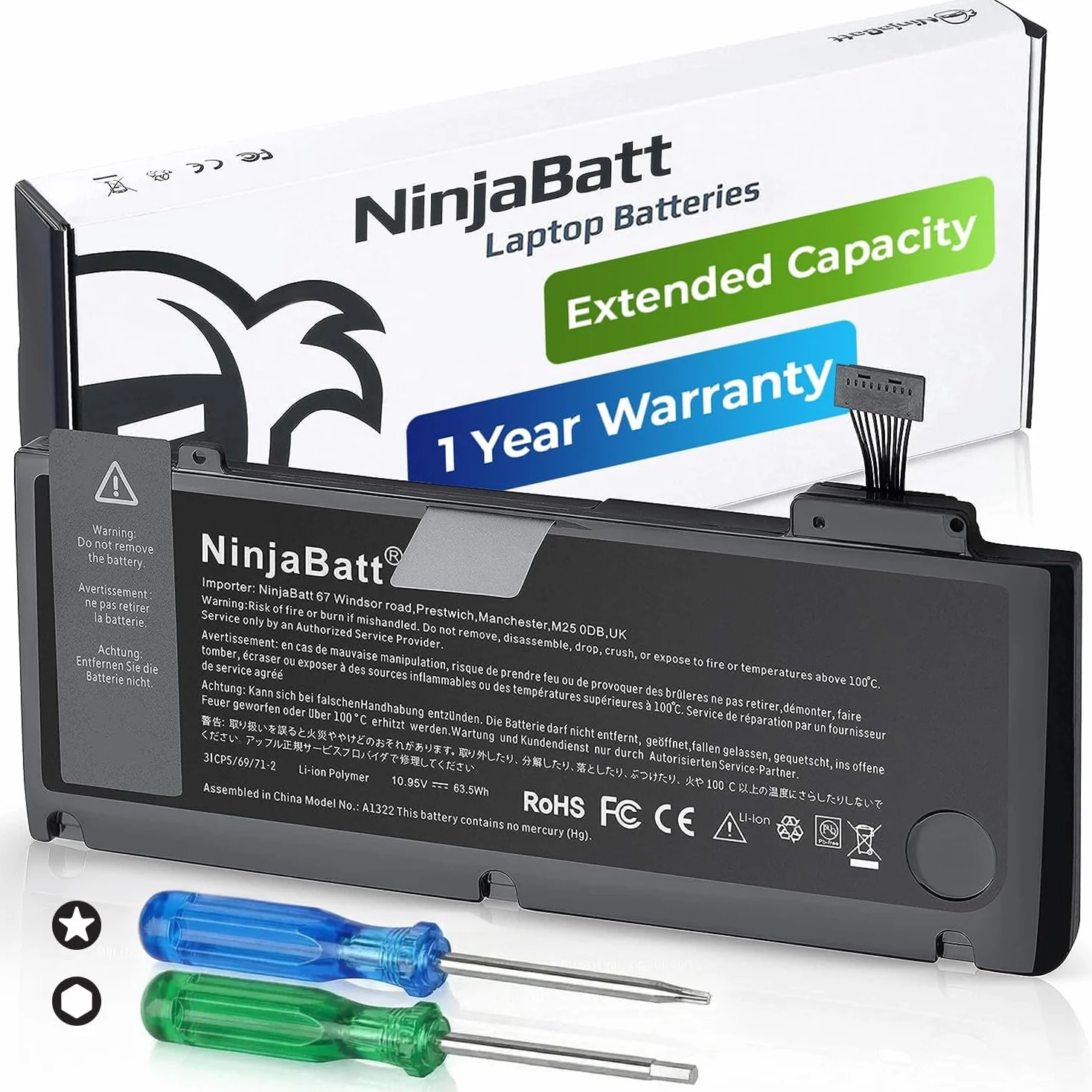 NinjaBatt Batería A1322 A1278 para MacBook Pro 13" [Medio 2012 2010 2009 Temprana 2011 Tarde 2011] - Batería Duradero [63,5Wh/10,95v]