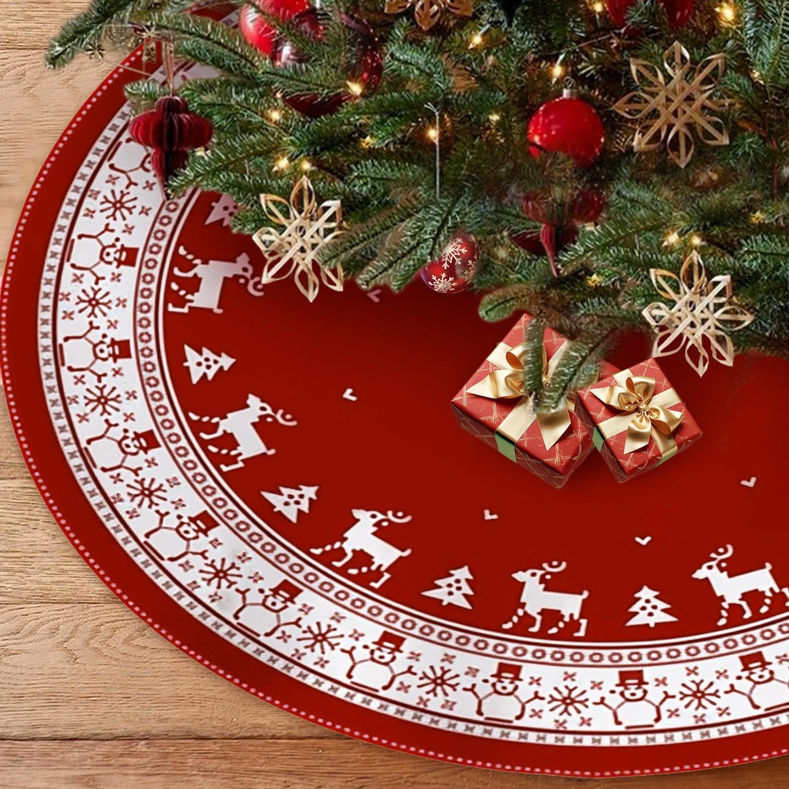 Falda de Árbol de Navidad Rojo, Felpa Cubre Pie Grande, Alfombra Redonda Navideña