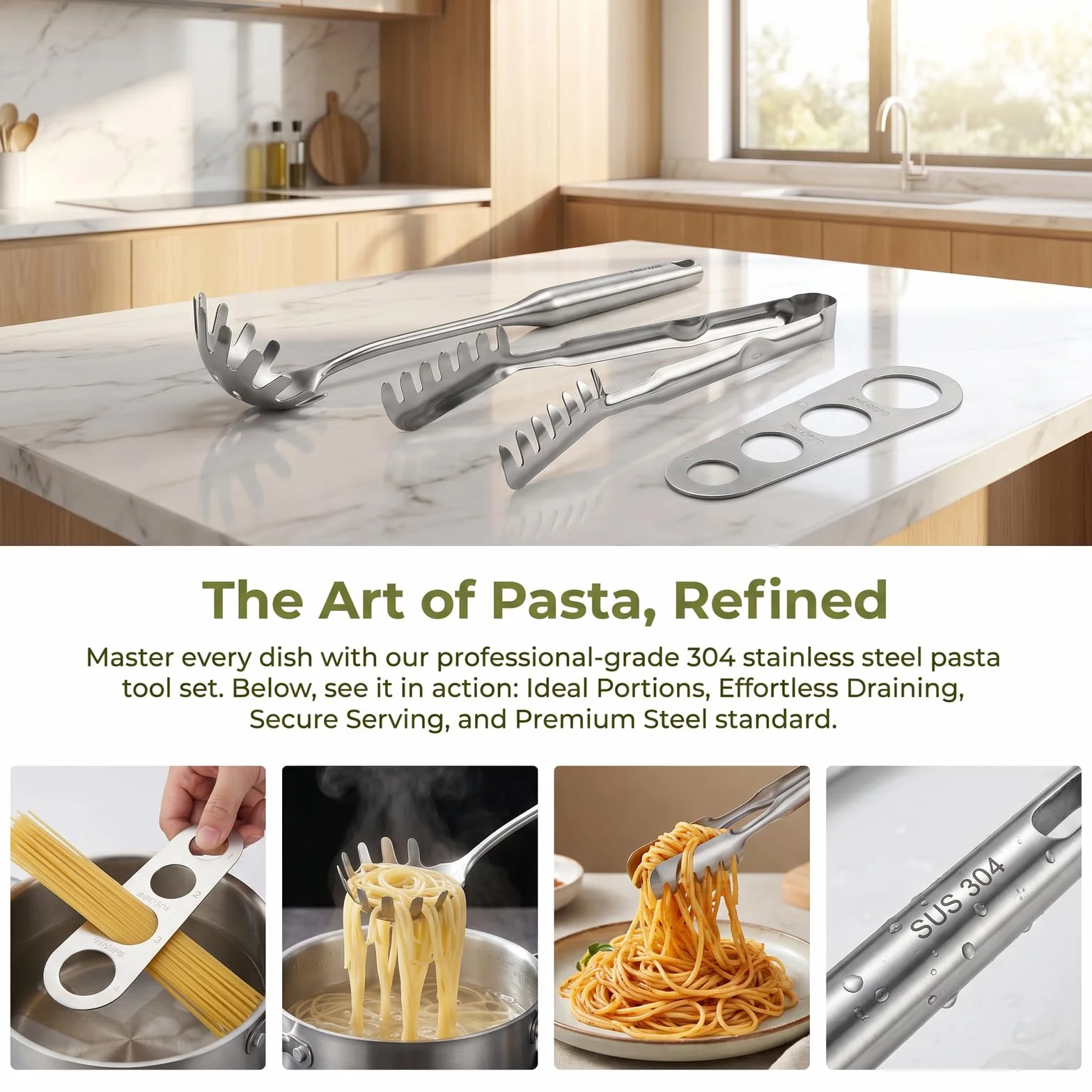 Juego de 3 Utensilios para Pasta de Acero Inoxidable 304 - Cuchara para Espaguetis, Pinzas Dentadas y Medidor de Raciones