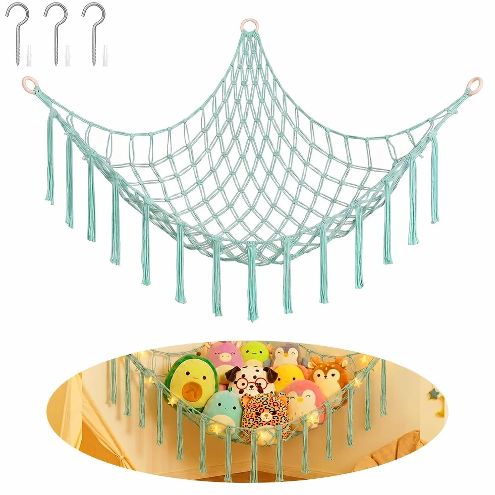 AUAUY Red de Almacenamiento de Peluche con Luces LED, Hamaca Boho Grande, Colgante Decoración Habitación Infantil Azul