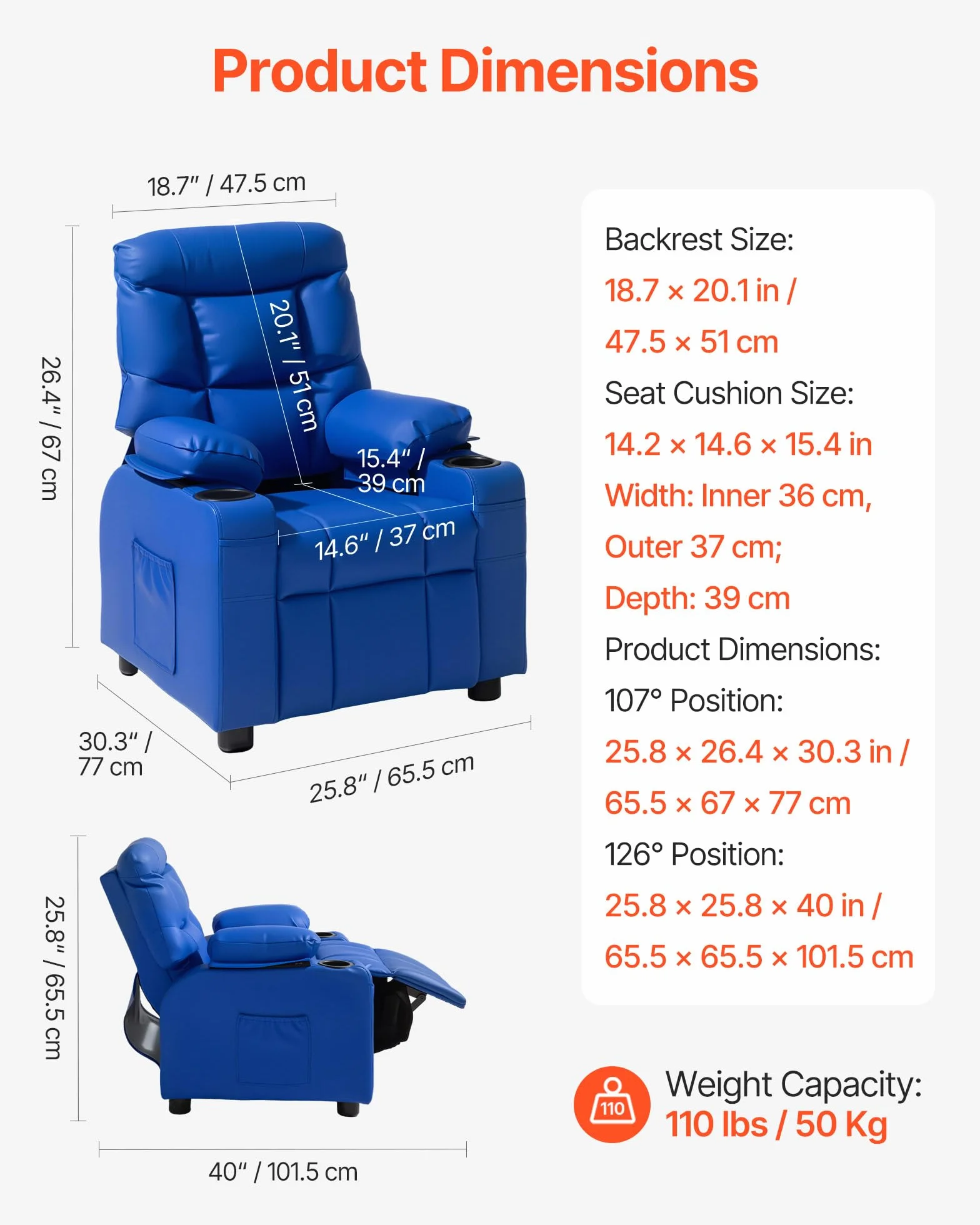 VEVOR Sillón Relax Reclinable para Niños, Sofá Infantil, Respaldo Ajustable 107°-126°, 2 Portavasos, 4 Bolsillos, Reposapiés, Cuero Sintético, Azul