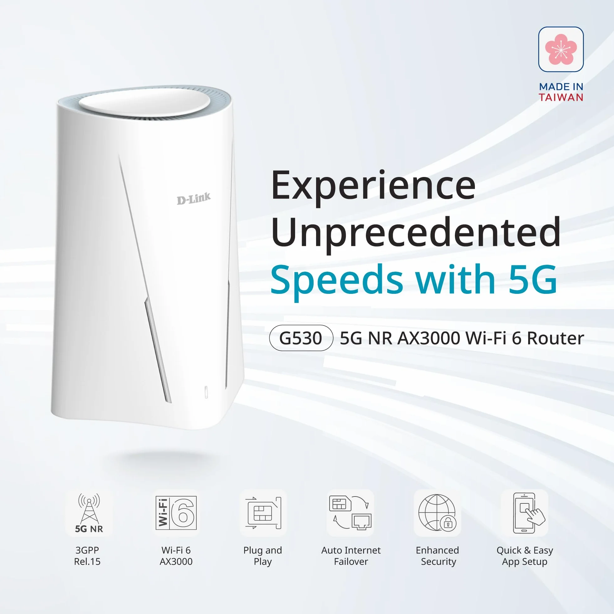 Router D-Link G530 5G NR, Descarga hasta 3.4 Gbps, Wi-Fi 6 AX3000, Puertos Gigabit WAN y LAN, WAN Failover, WPA3, VPN, VLAN, acepta SIM Todas operadoras.