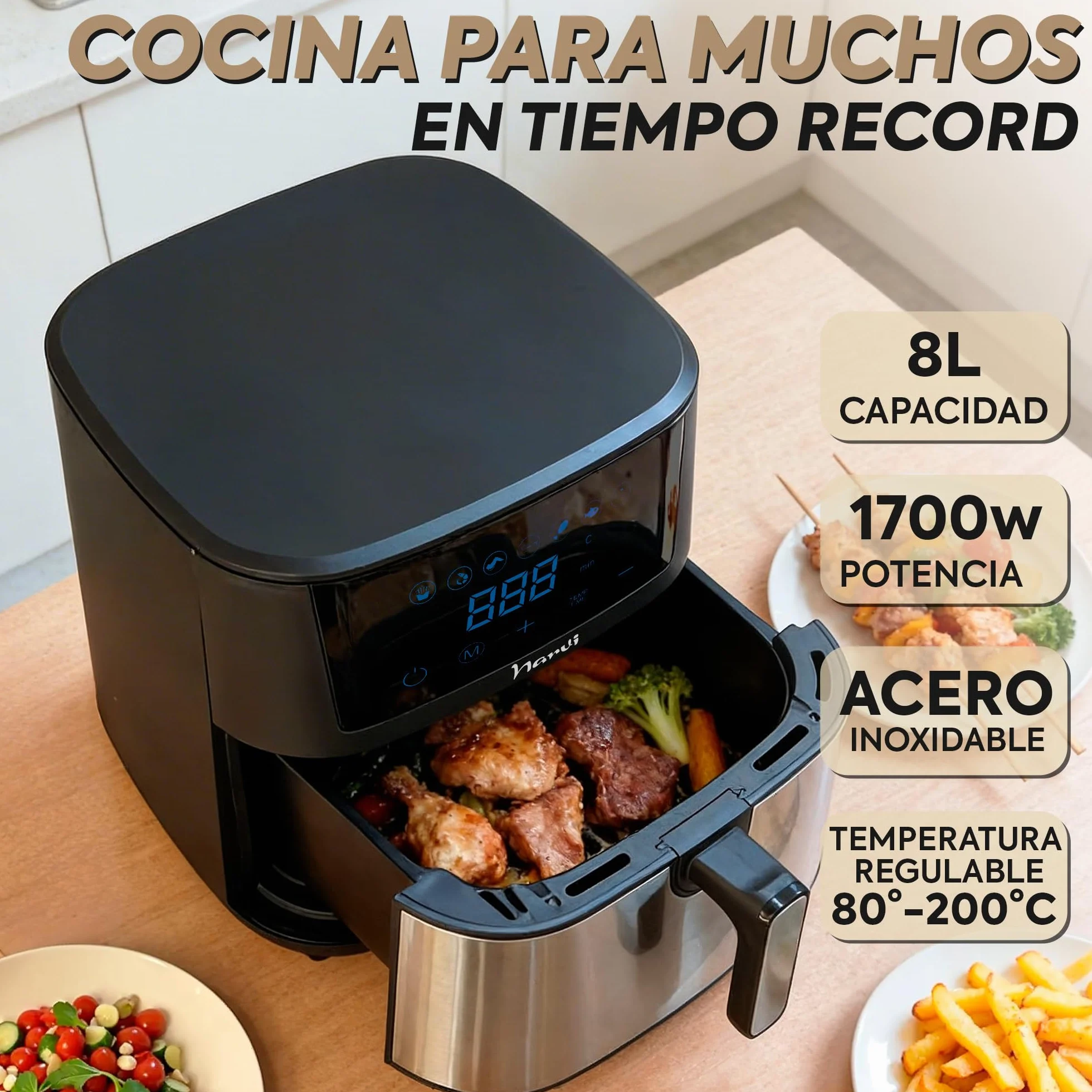 Air Fryer Narvi 1700W 8L XXL Digital Panel 7 Menus 360° 60 Min 80-200°C Acero Inoxidable Sin BPA