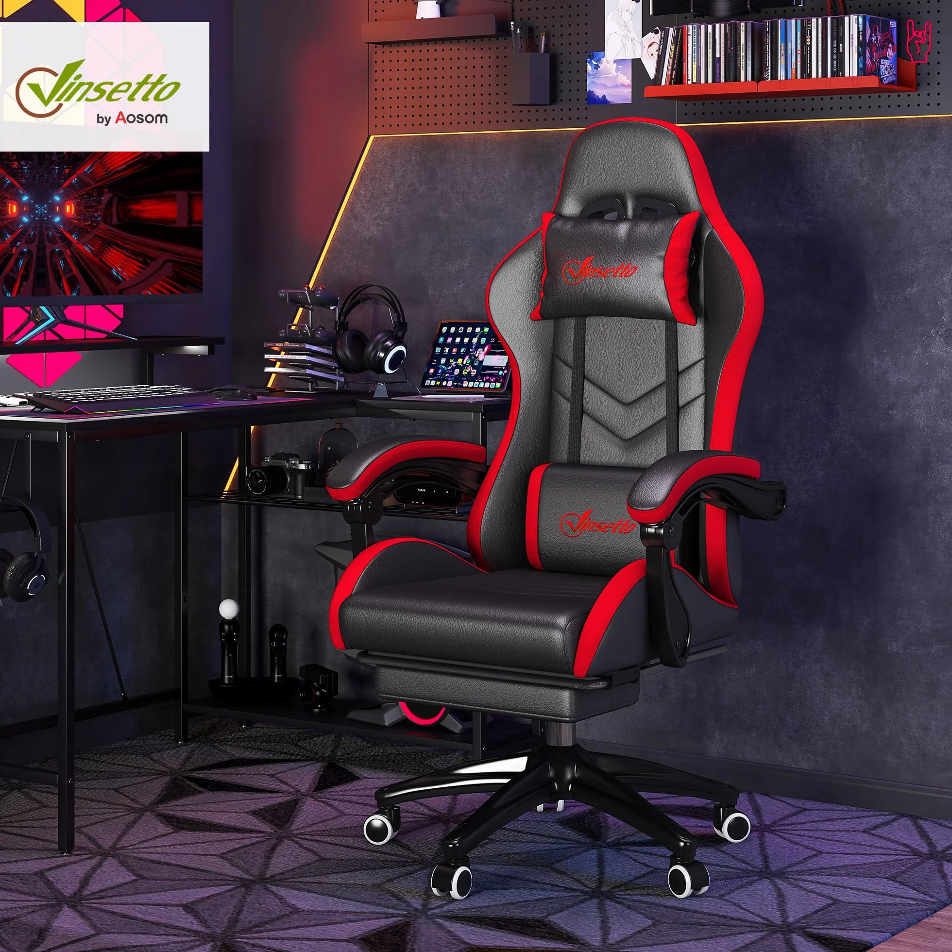 Vinsetto Silla Gaming Ergonómica de Cuero PU Reclinable 135° Soporte Lumbar Altura Ajustable Reposacabezas Reposapiés Retráctil Negro y Rojo
