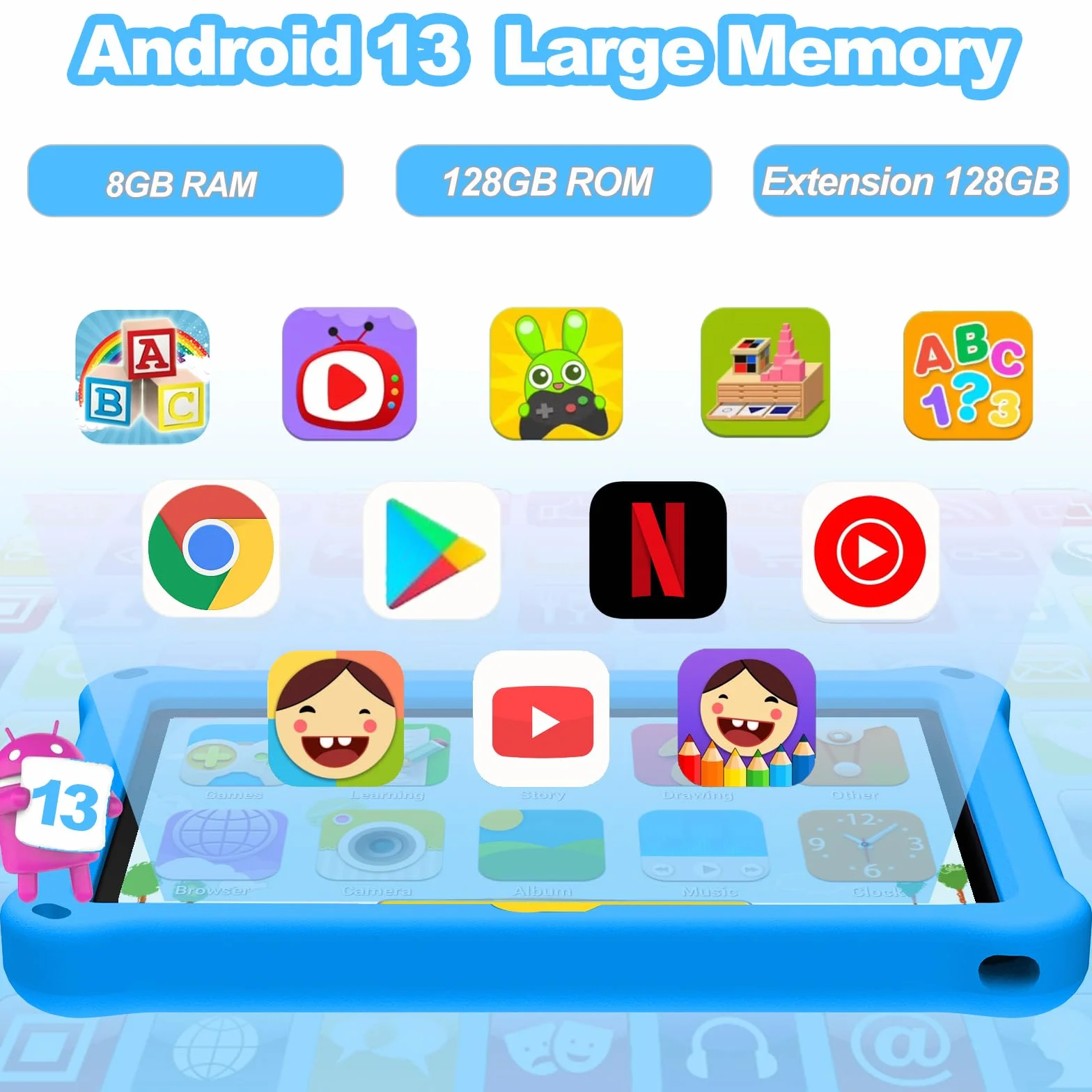 Tableta para Niños de 10.1 Pulgadas,Tabletas Android 13 con Funda Protectora, 8+128GB,Pantalla IPS 1280 * 800,Cámara Dual 2MP+5MP,6000mAh,Tableta Aprendizaje con Control Parental e iWawa,Azul