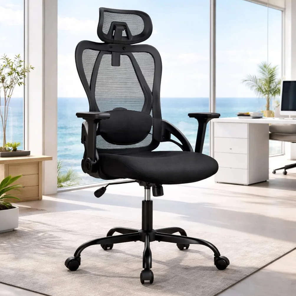 Silla de Oficina Ergonómica Profesional con Soporte Lumbar Ajustable, Reposacabezas Regulable, Reposabrazos 3D, Respaldo de Malla Transpirable, Ruedas 360º