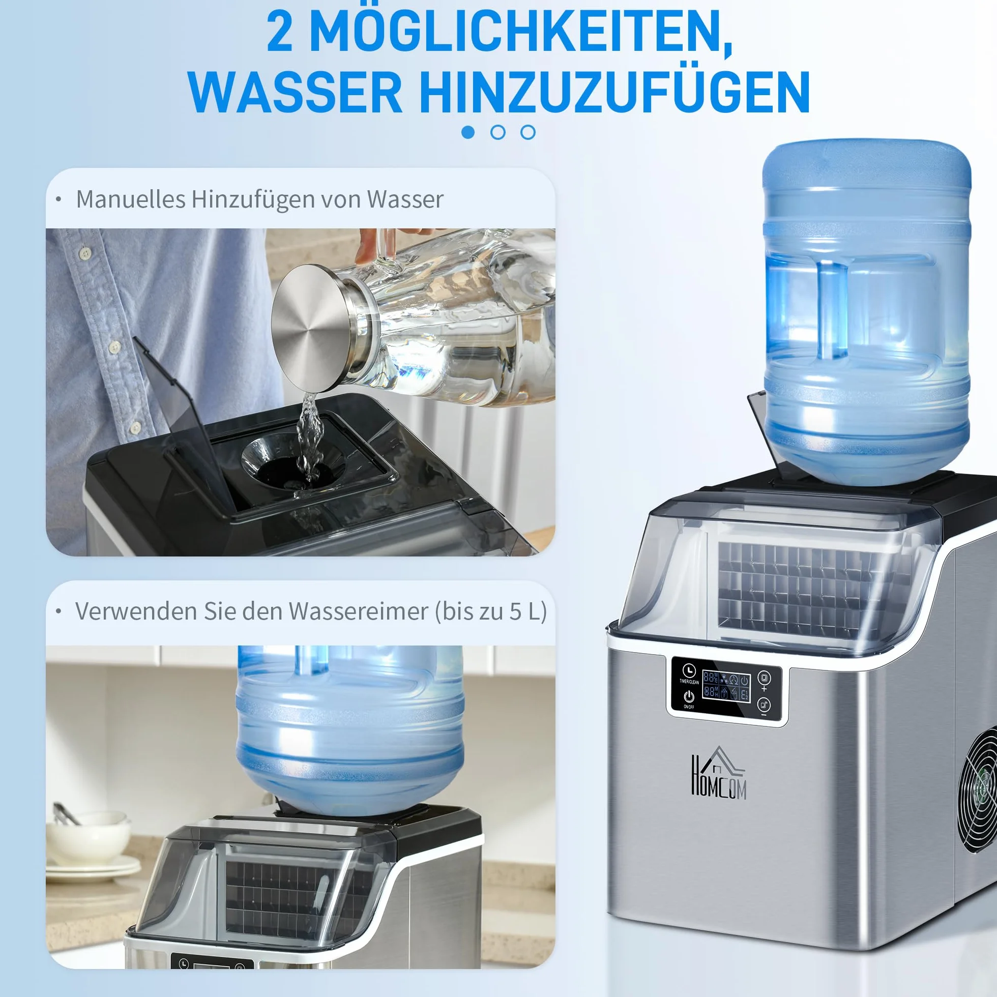 HOMCOM Máquina de hielo acero inoxidable 24 cubitos 14-18 min 20 kg/24h 3,2 L autolimpiable cocina