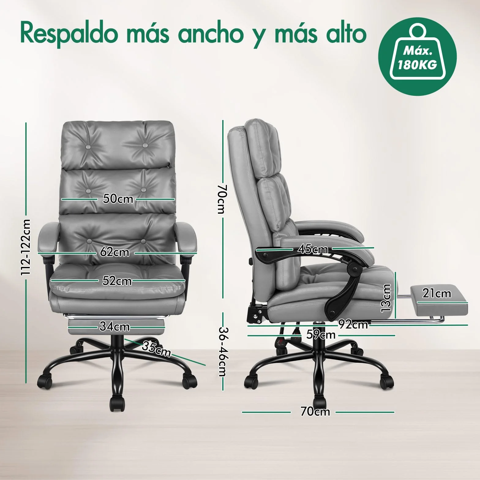 ALFORDSON Silla Oficina Ejecutiva Ergonómica Reclinable con Reposapiés, Cuero PU Gris