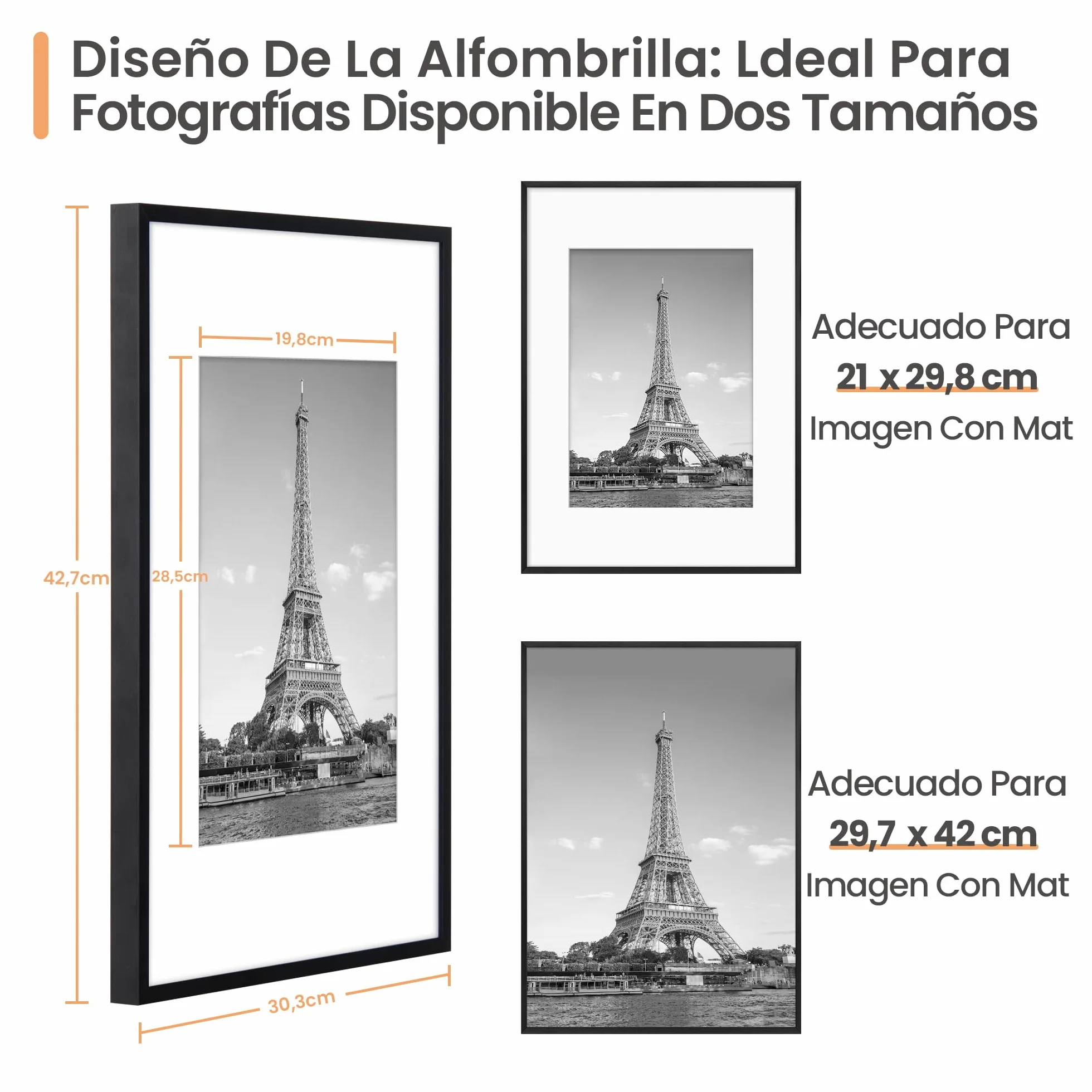 Upsimples Marco de aluminio para cuadro A3 Negro, Foto A4 (21x29,8cm) con paspartú o A3 (29,7x42cm) sin, Marco para cuadros de pared de metal con vidrio acrílico
