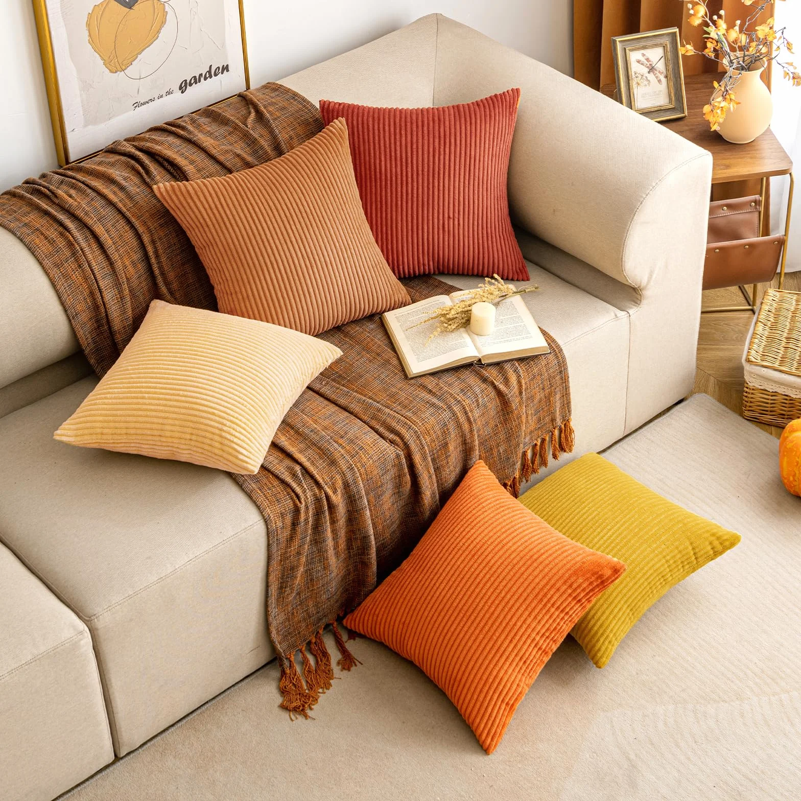 EMEMA Funda Cojines 45x45 cm Corduroy Rayas Decoración Moderna para Sofá 2 Piezas Amarillo Brillante
