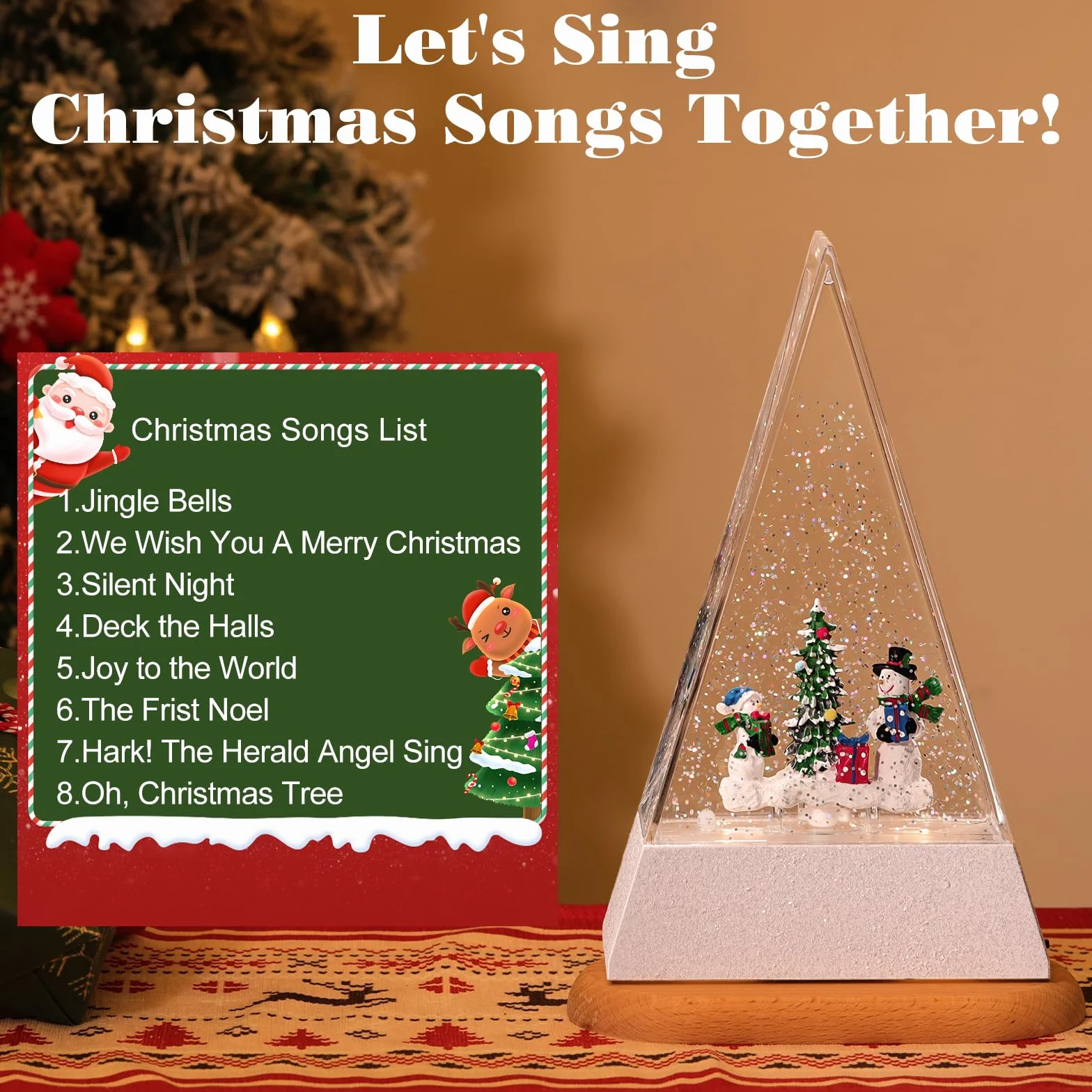 Globo de Nieve Navideño Triangular con Luz LED, Muñeco de Nieve con 8 Canciones y Temporizador 6H USB/Batería