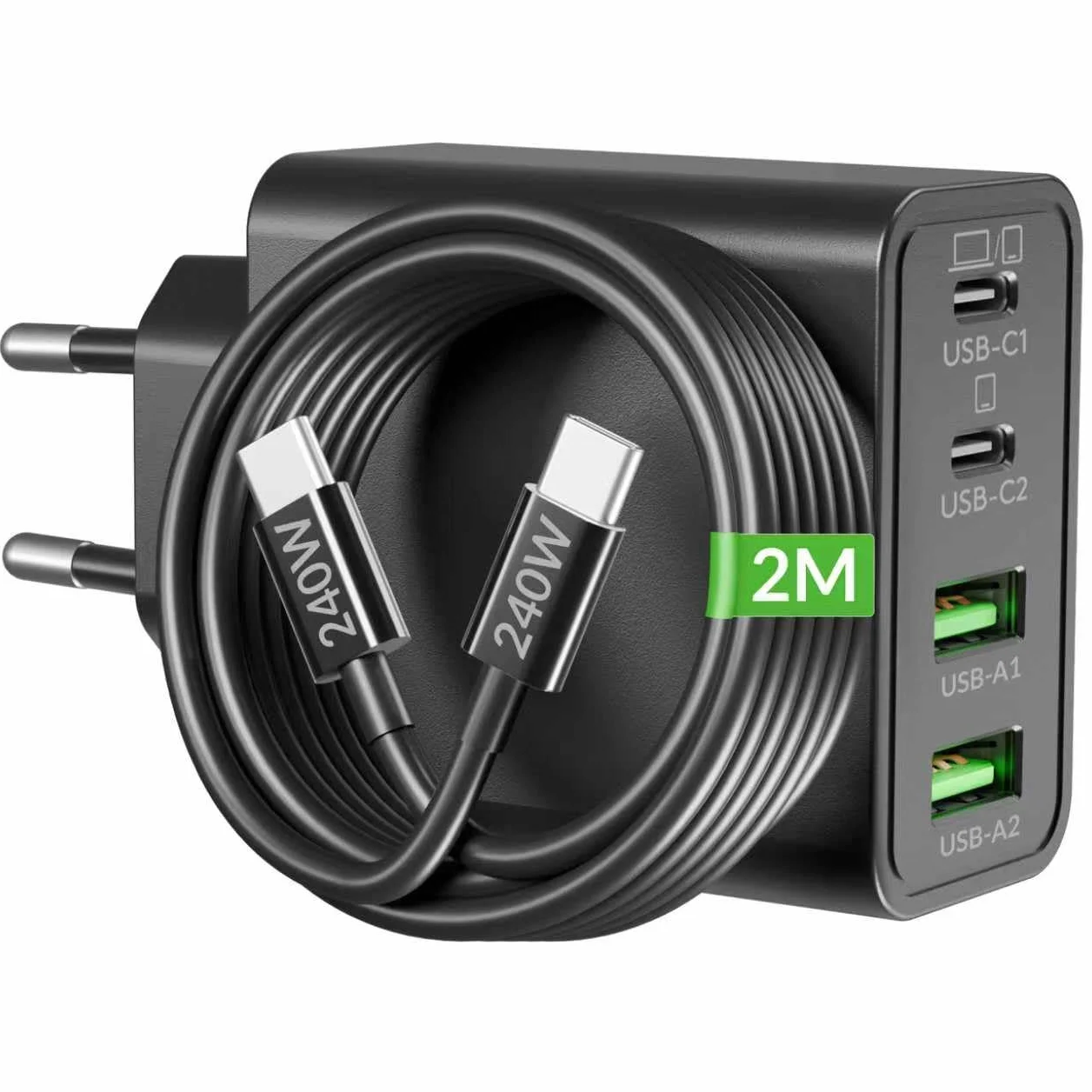65W Cargador USB C, 4-Puerto Carga Rápido Adaptador con 240W 2M Tipo C Cable para MacBook Pro/Air, Tableta, iPad, iPhone 17/17 Air/16/15 Pro MAX, Samsung Galaxy S25/S26 Ultra, Rapida USB-C/A Enchufe