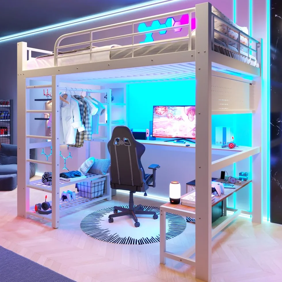 Sapgaks - Cama entrepiso de 1 plaza de 140 x 200 cm, litera infantil con barrera con banda luminosa LED, cama entrepiso escalera, escritorio de madera, tendedero para ropa (140 x 200)