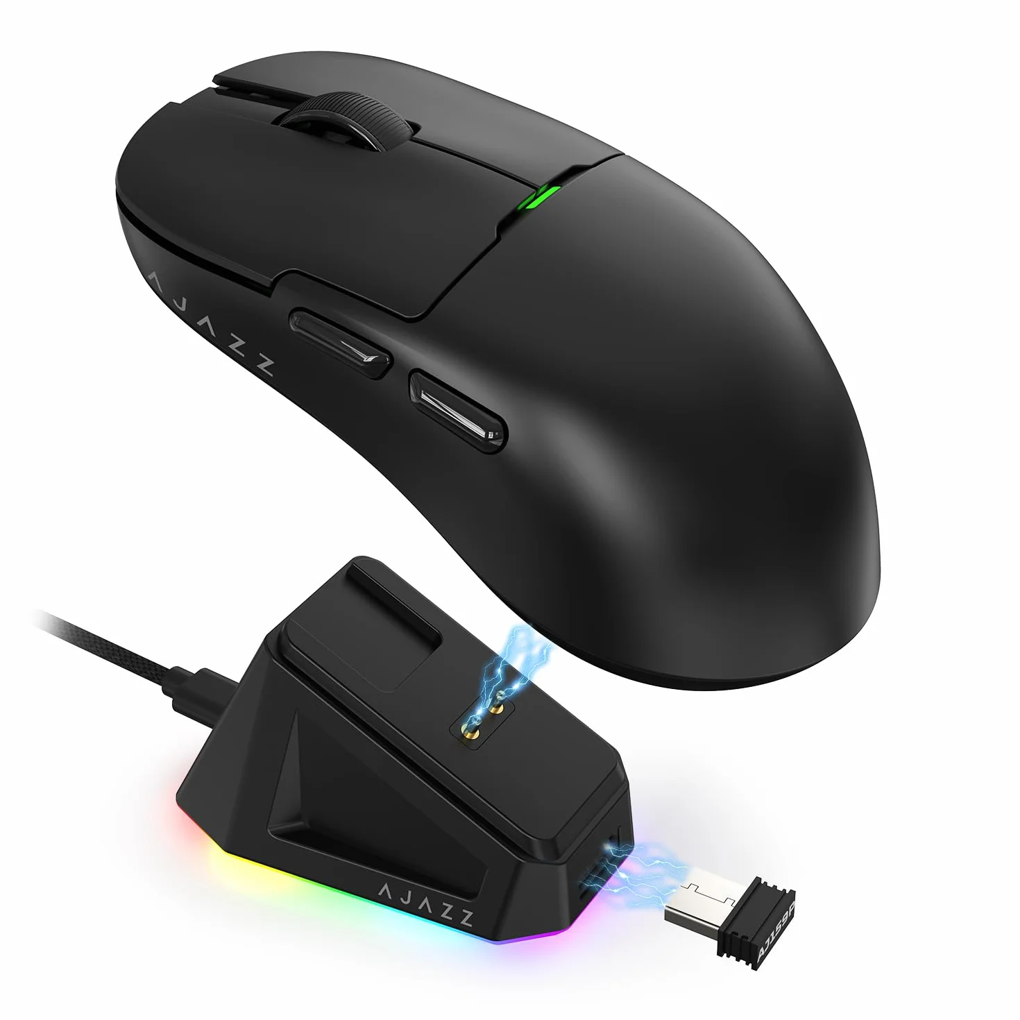 AJAZZ AJ159P Superlight Ratón de Juego Inalámbrico con Muelle de Carga Magnética, Ultra Luz 56G, Pixart Paw3395 Sensor, 26000 DPI, 2.4GHz/USB-C Cableado, 6 Botones Programables, para PC/Mac (Negro)
