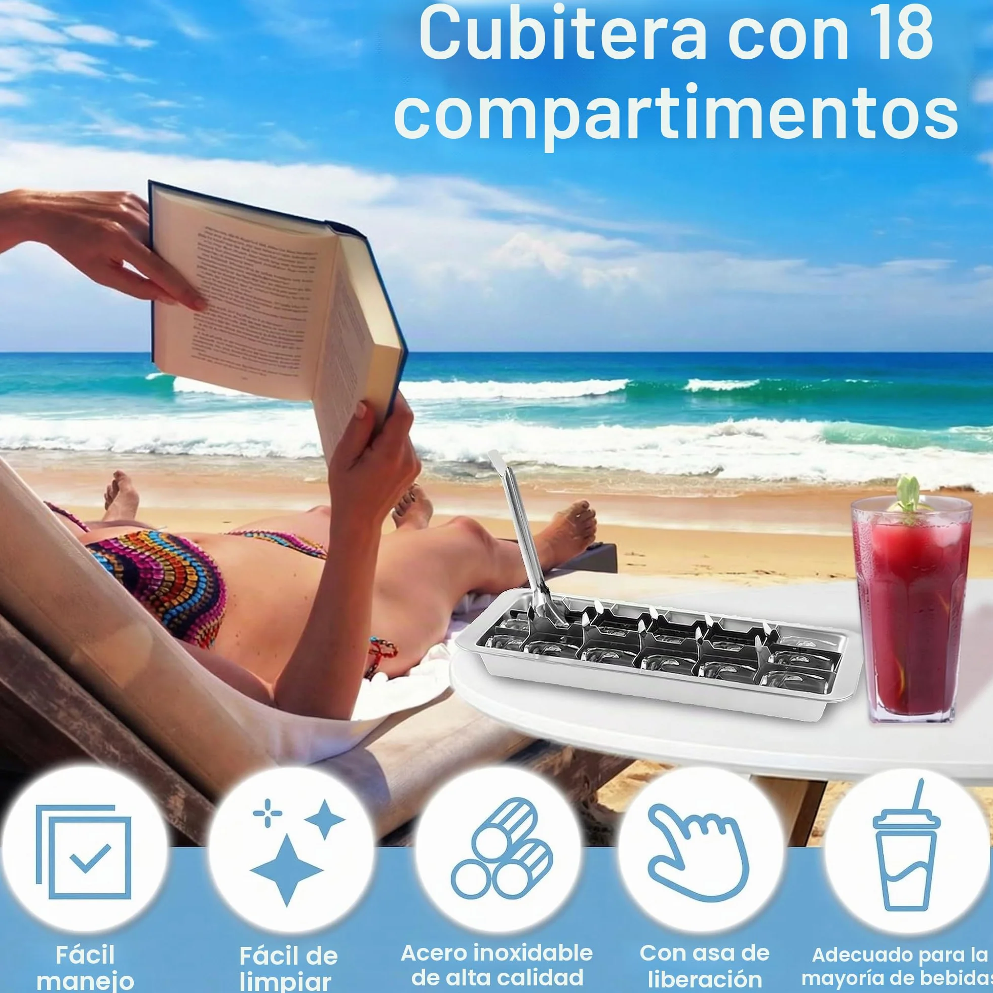 Cubitera de acero inoxidable con 18 ranuras, bandeja para hielo con asa, extracción fácil