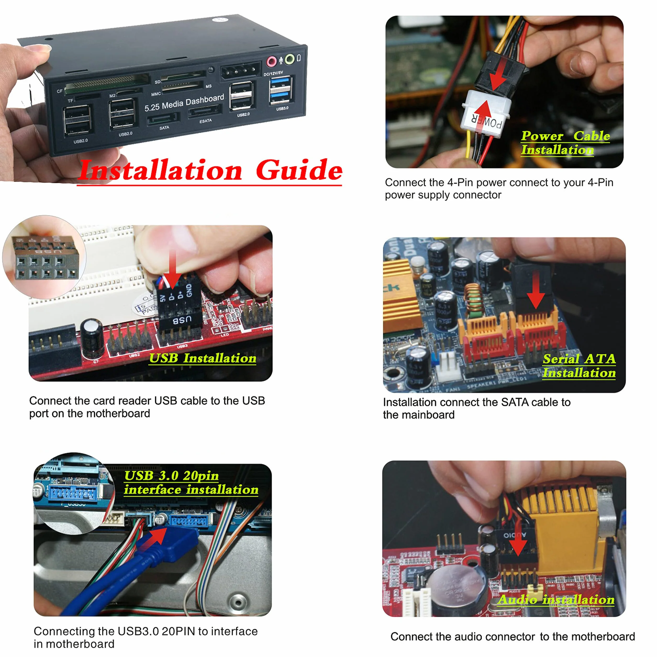 TCC-QL5E 5.25 Pulgadas PC Multifunción Salpicadero Medios de Comunicación Panel Frontal, con SATA e-SATA USB 2.0 3.0 Hub Audio Puertos y 5-en-1 Lector de Tarjetas (SD/MMC/CF/MS/TF/M2)
