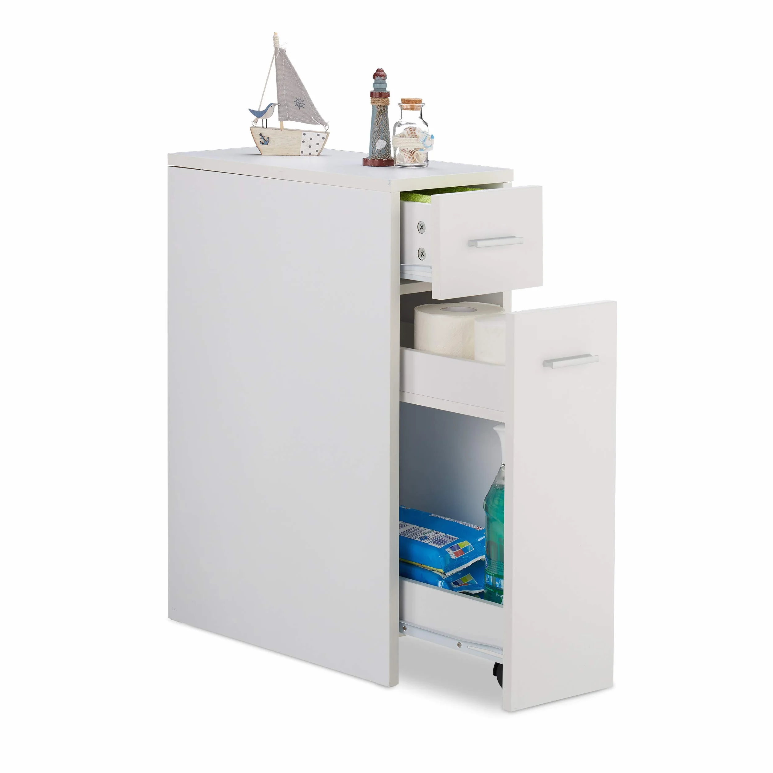 Relaxdays Rinconera Mueble auxiliar Estantería de esquina con Dos cajones 61,5x20x45 cm Blanco