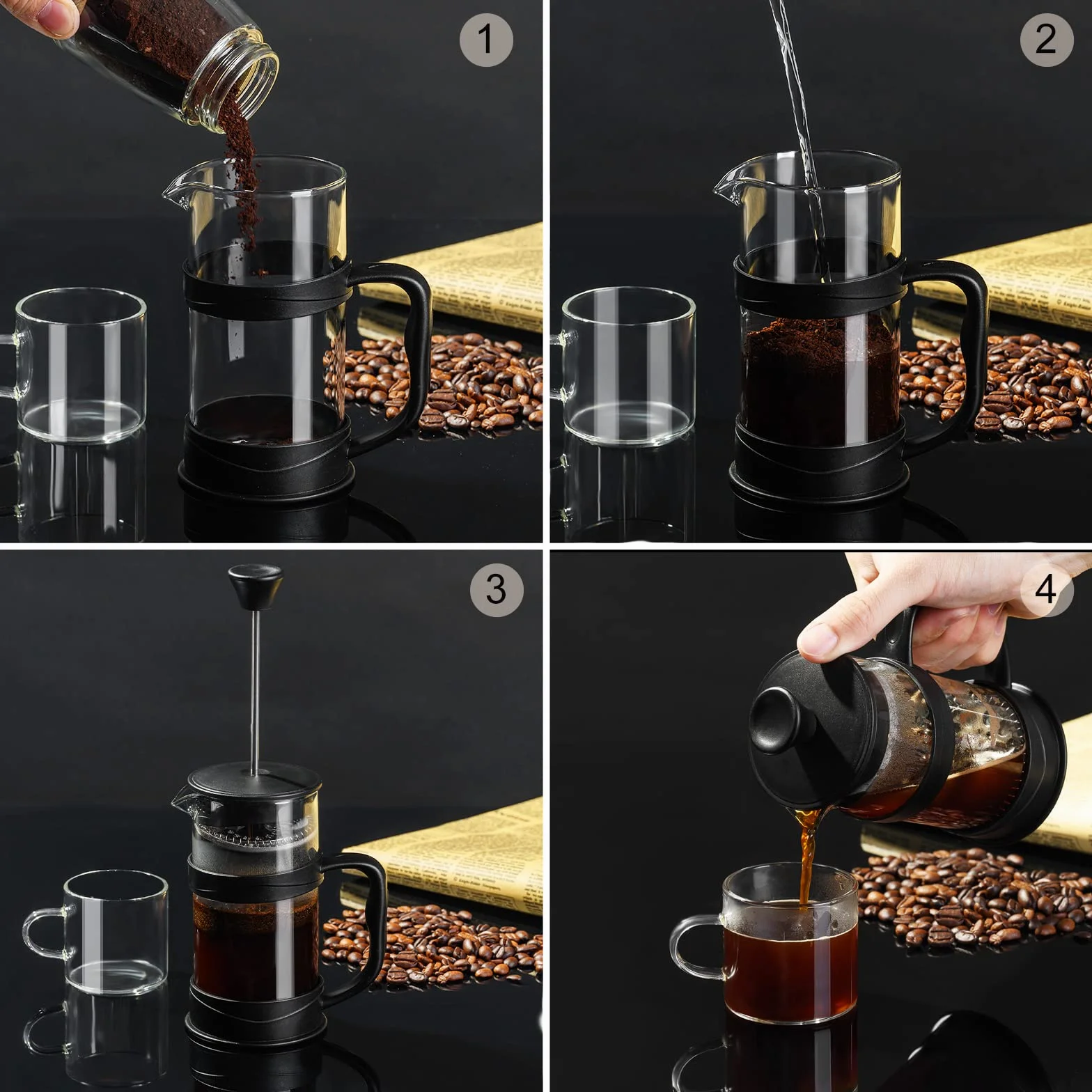 Cafetera de Prensa Francesa Acero Inoxidable 304 12oz para Viaje y Hogar (Negro)