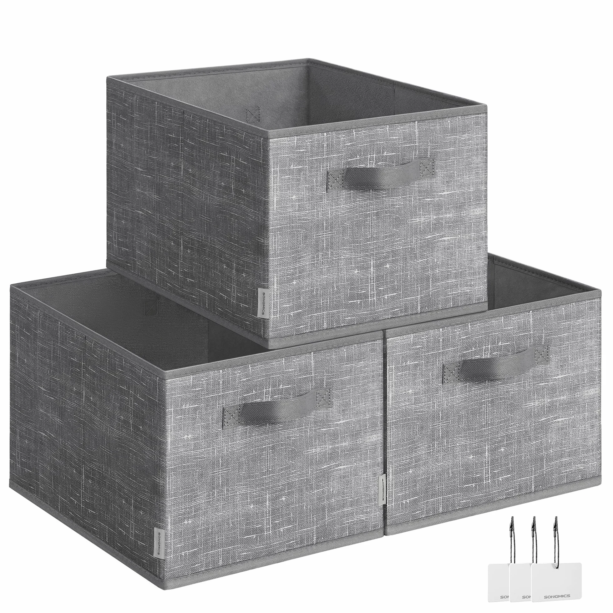 SONGMICS Cajas de Almacenaje Plegables, Juego de 3 Cestas de Tela, 40 x 30 x 24 cm, Organizadores de Armario, 2 Asas, Portaetiquetas, para Dormitorio, Salón, Gris Espadaña ROB440G01