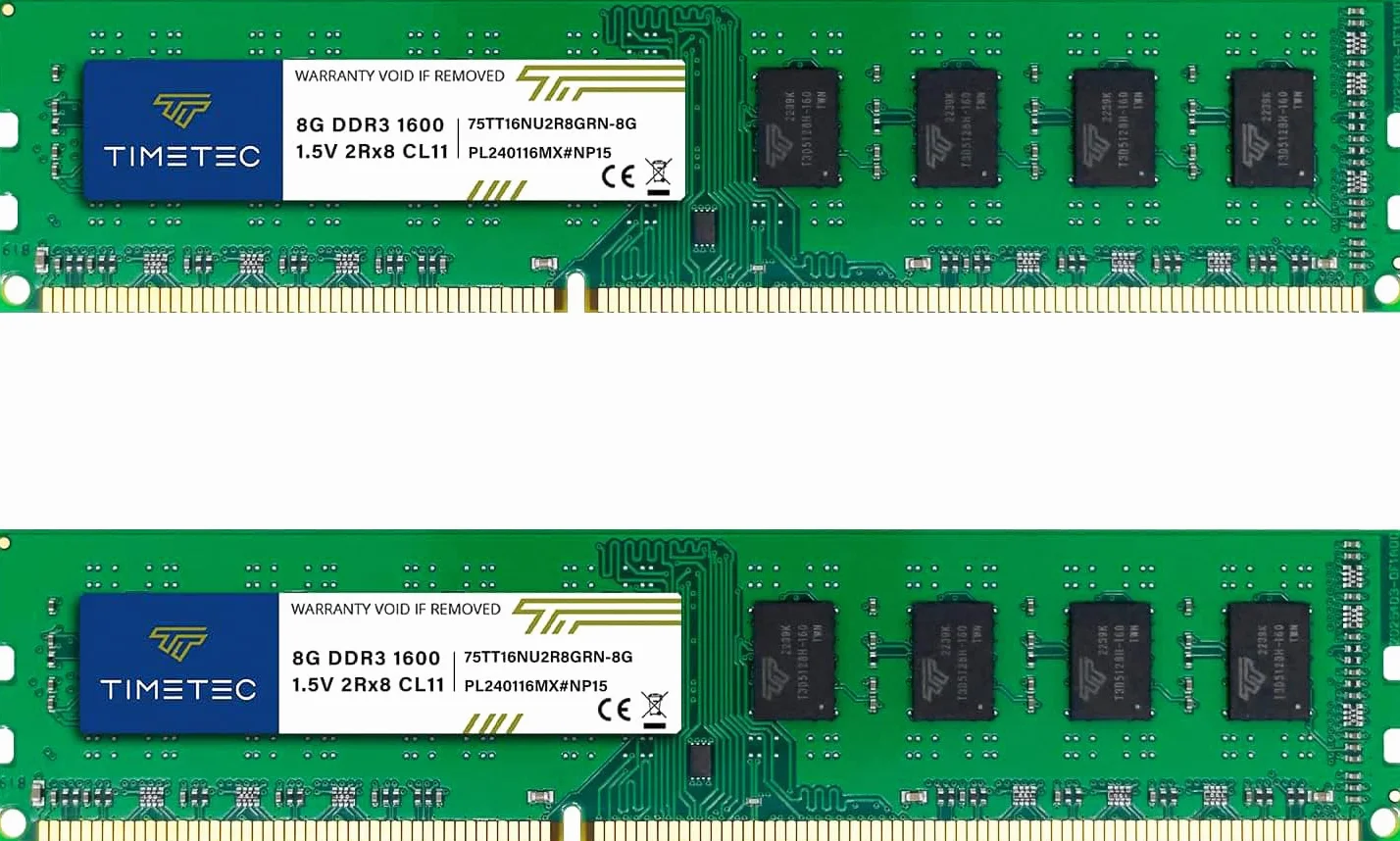 Timetec 16GB Kit(2x8GB) DDR3 1600 MHz (DDR3-1600) PC3-12800 (PC3-12800U) no ECC sin búfer 1.5 V CL11 2Rx8 Dual Rank 240 Pines UDIMM computadora de Escritorio RAM (SDRAM) módulo