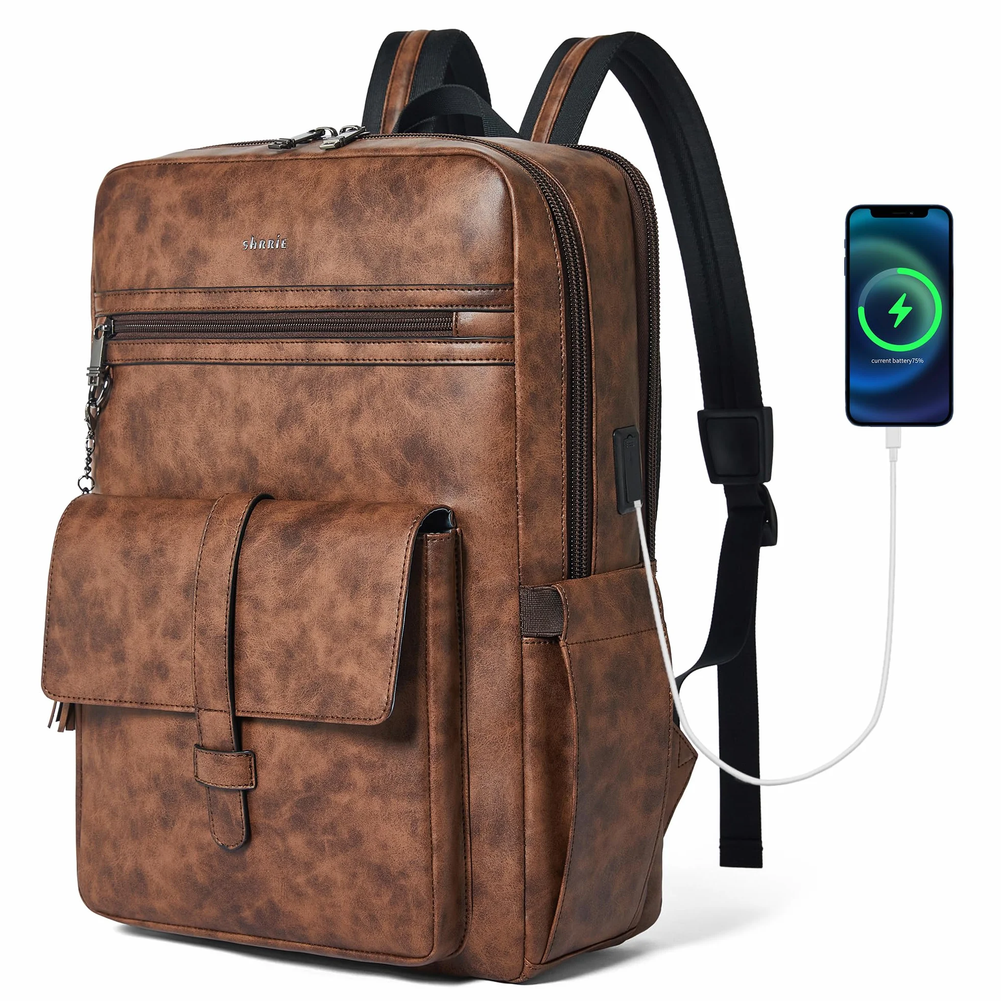 Shrrie Mochila de piel vegana para portátil de 16 pulgadas con cargador USB, ligera e inteligente parade para hombre y mujer para negocios, trabajo, oficina y universidad, Bicolor Marrón