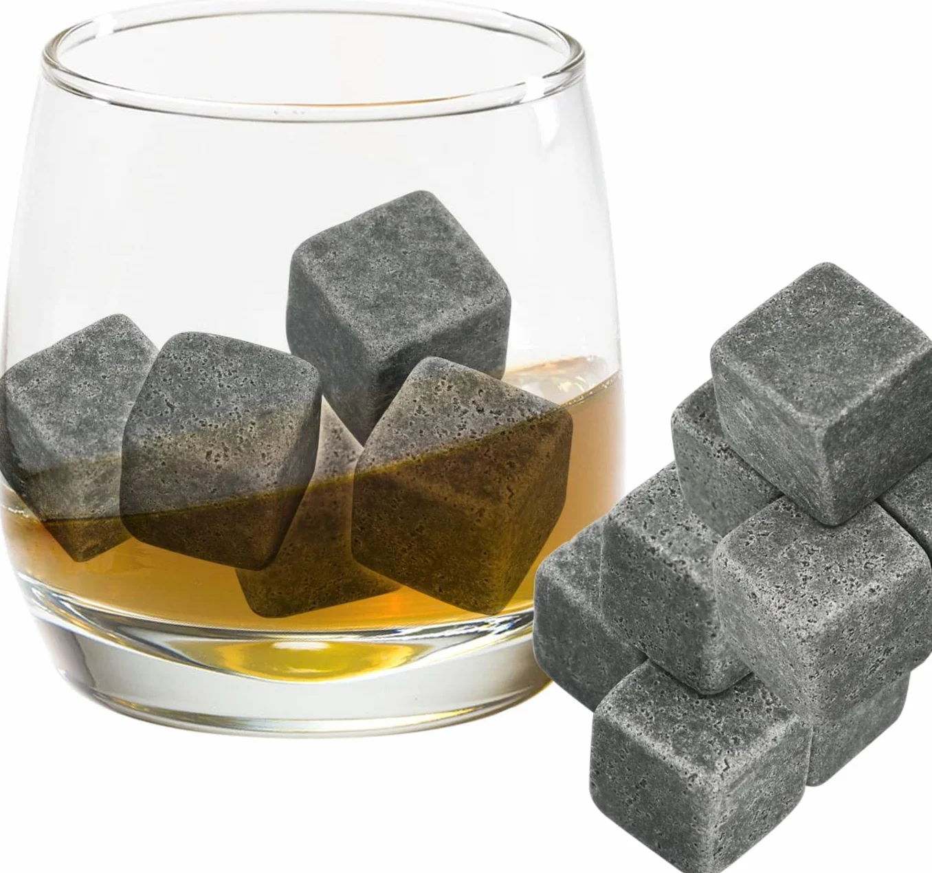 Set de 9 Cubitos para enfriar Piedras el Whisky, Whiskey Stones Esteatita Natural, para Enfriar Whiskey Vino y te sin sobre-enfriar ni Diluir, incl. Bolsa para Guardarlas – gris