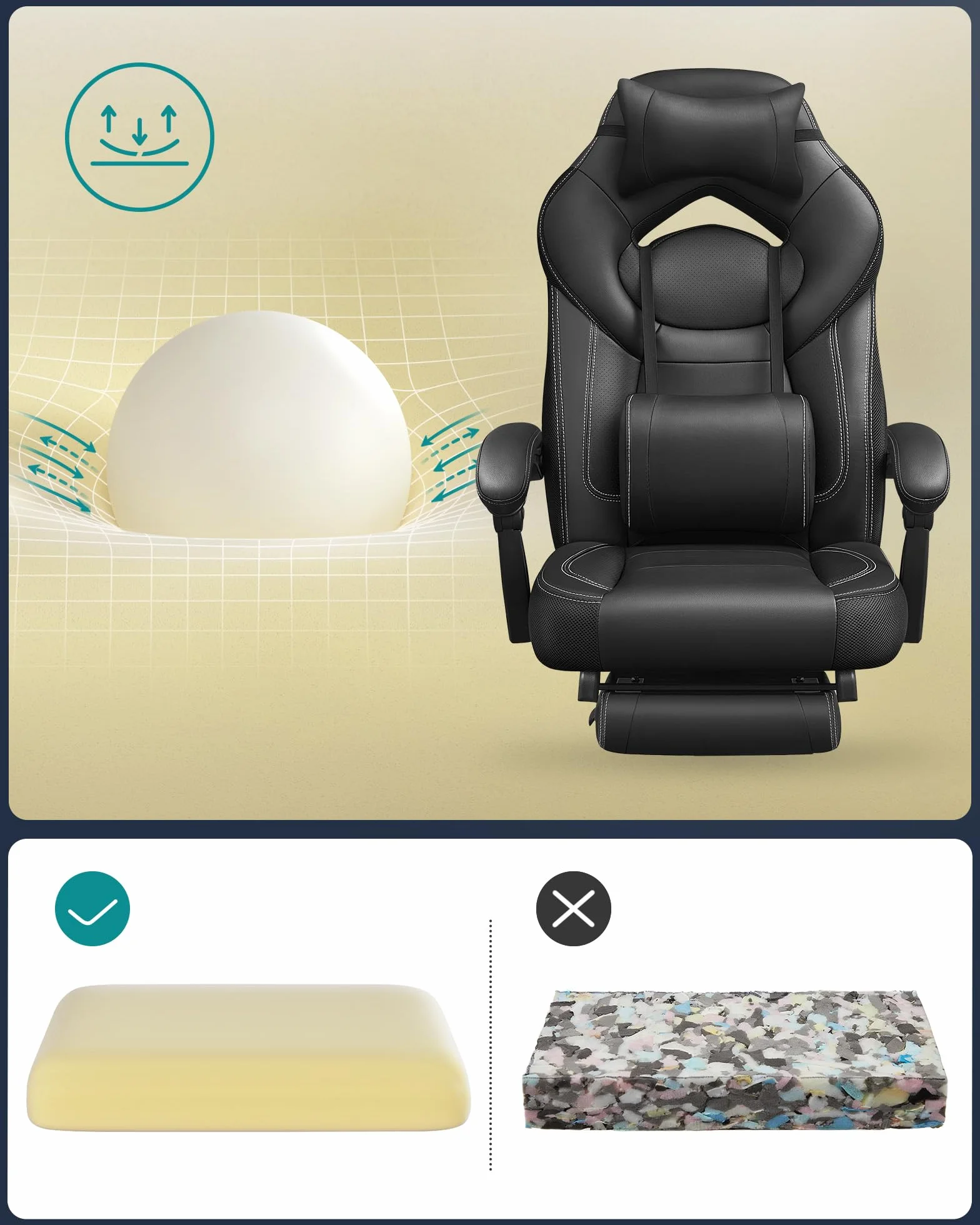 SONGMICS Silla Gaming Ergonómica con Reposapiés y Reposacabezas Ajustable, 150 kg, Negro