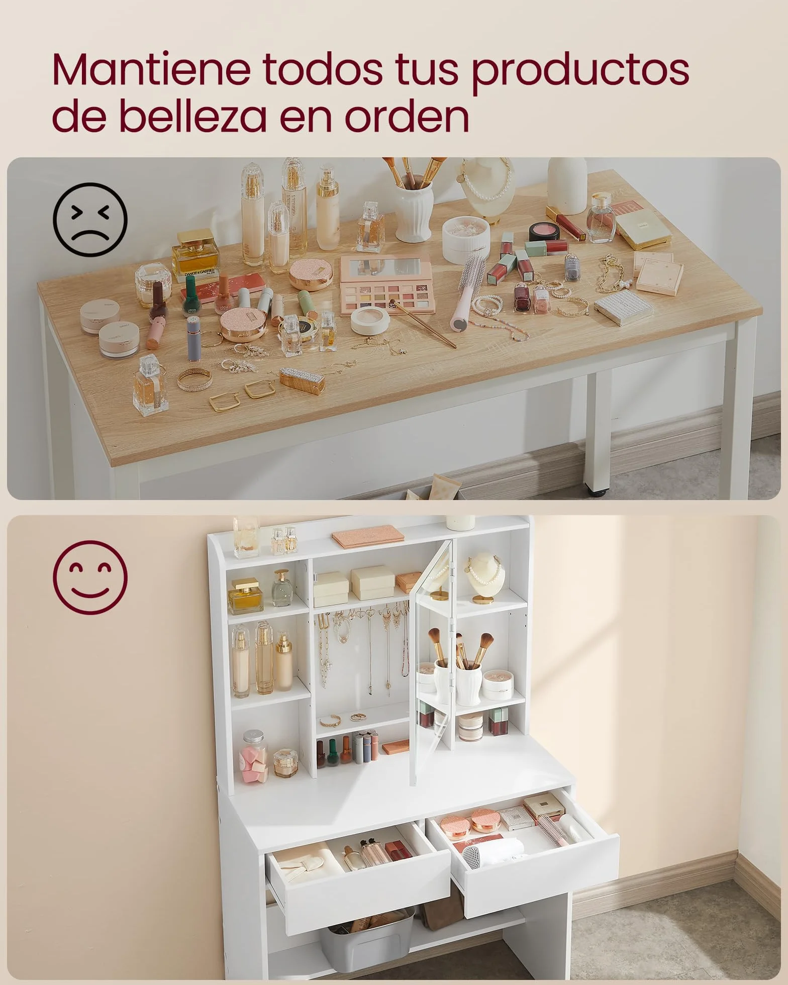 VASAGLE Kailyn Colección Tocador con Luces LED de 3 Colores Brillo Ajustable Mesa de Maquillaje Espejo Estantes Ajustables 2 Cajones Blanco