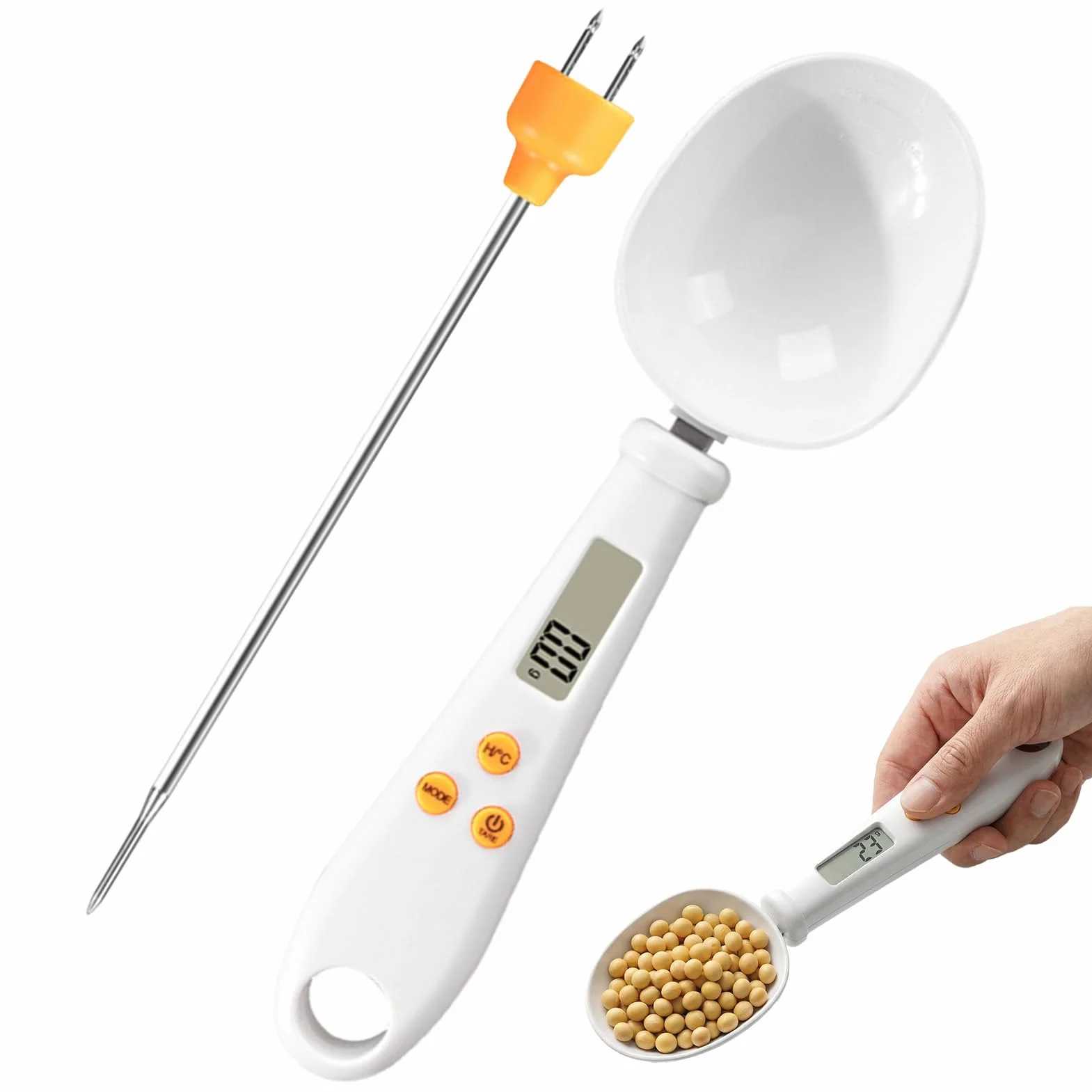 Cuchara Medidora Digital 2 en 1 con Pantalla LCD, Báscula de Cocina en Gramos y Termómetro de Cocina Digital, Tara, Lectura Instantánea, g/oz/lb y °C/°F para Repostería Carne