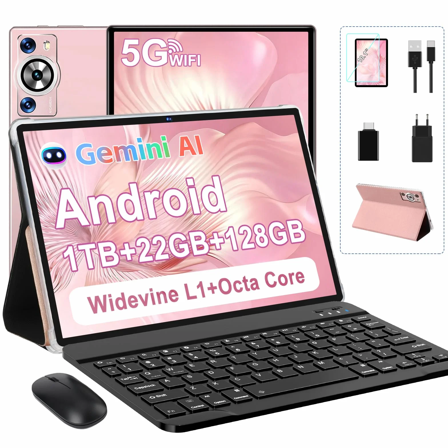 2026 Último Tablet 10 Pulgadas Android, 22GB RAM + 128GB ROM (TF 1TB), Octa-Core 2.0GHz, 5G WiFi, GMS, Widevine L1, 5MP+8MP, 1280*800 Pixels, Bluetooth 5.0, Tableta con Funda, Ratón & Teclado - Dorado