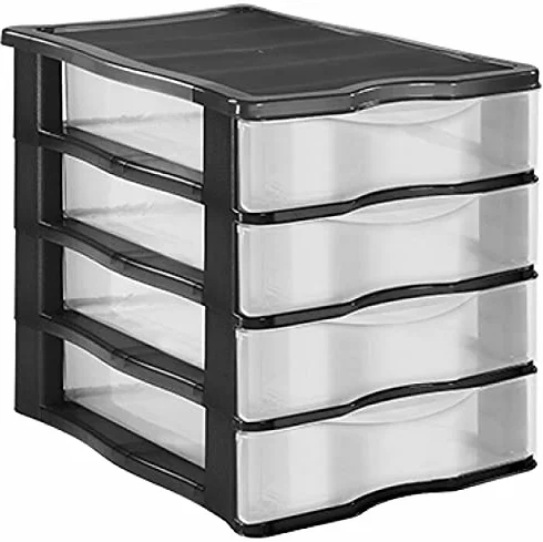 TIENDA EURASIA® Cajonera de Plastico de Sobremesa Apilable - Estructura de Color y Cajones Transparentes - Ideal para organizar el escritorio (Negro, 4 Cajones - 36 x 31 x 28 cm)