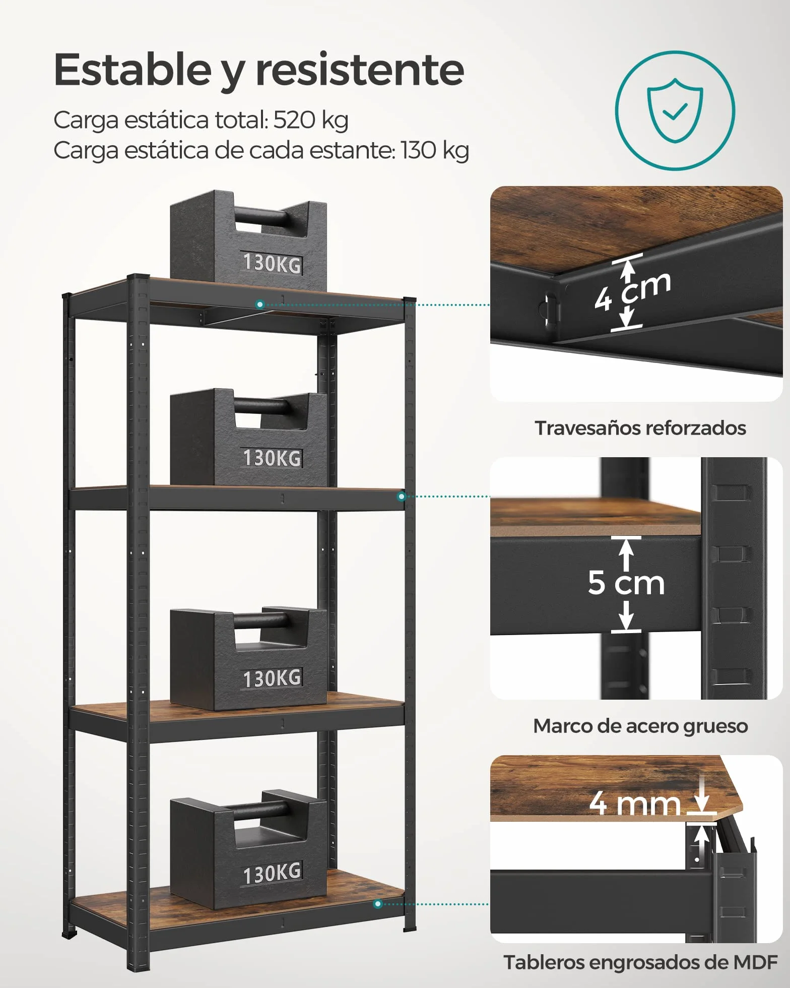 SONGMICS Estantería Industrial 40x80x160 cm 520 kg Ajustable Almacenamiento Marrón y Negro