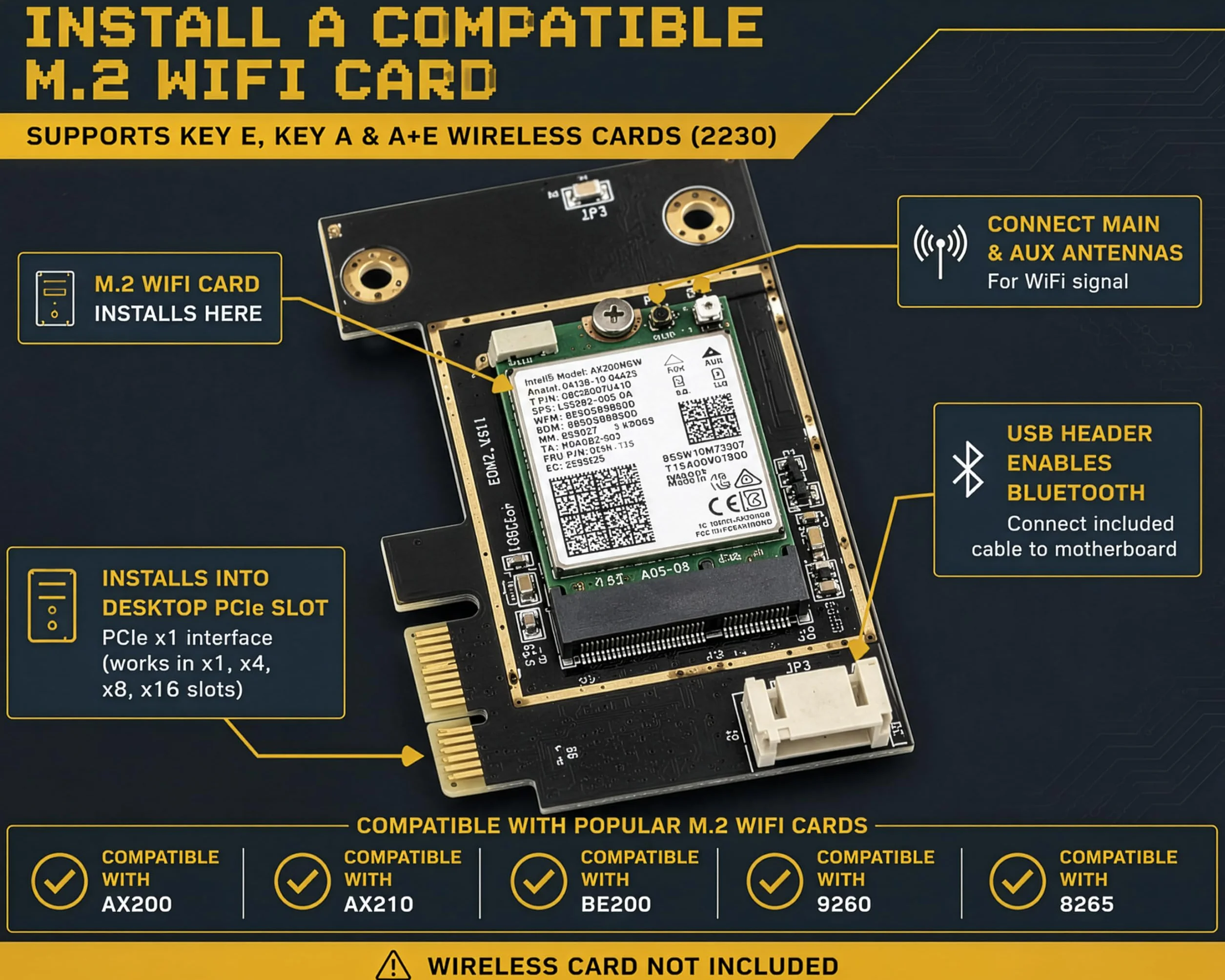 M.2 NGFF Wireless Card to PCI-e 1X Adapter M.2 Bluetooth-Compatible Network Card to WiFi WLAN Converter Desktop for 8260 (Laptop to Desktop)