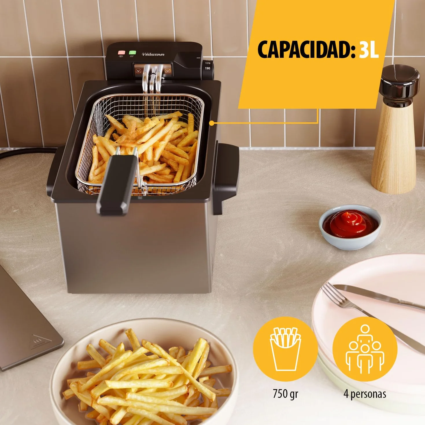Freidora de Acero Inoxidable Tristar 3L Termostato Regulable 190°C Zona Fría Carcasa Fría