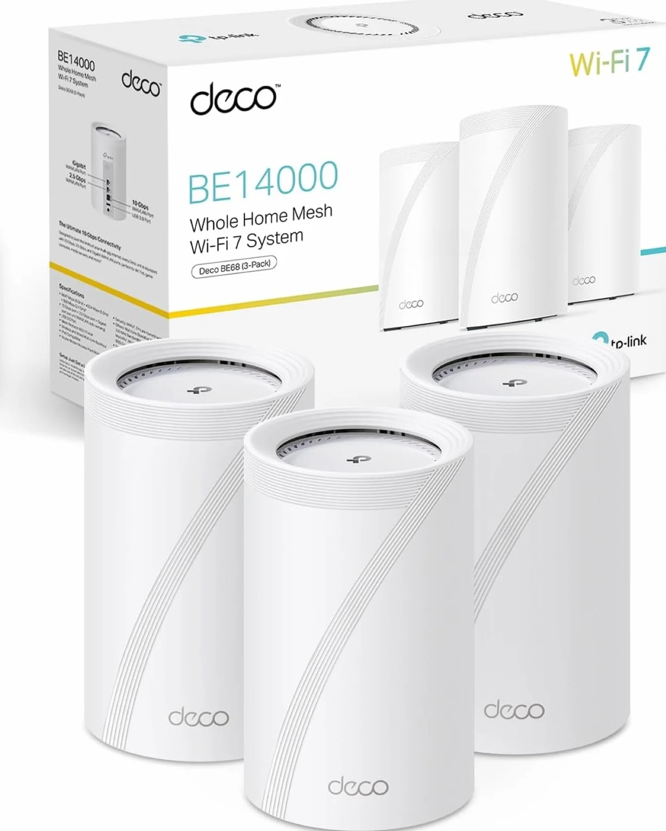 TP-Link Deco BE68 (3-Pack) - WiFi 7 Mesh BE14000 Tri-Banda, Router Mesh 10Gbps, Cobertura hasta 700 m², MLO, 320MHz, Banda 6 GHz, Roaming Inteligente, Compatible Alexa