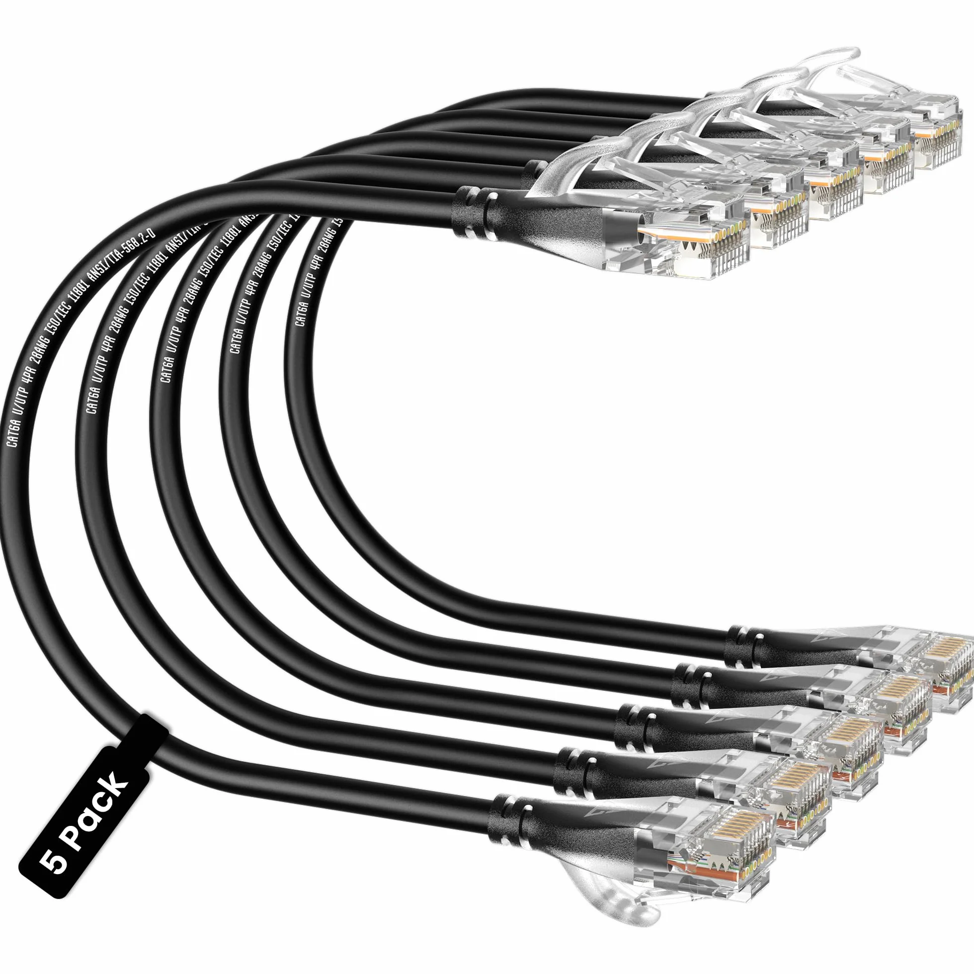 CableGeeker Cables de conexión Ethernet delgados Cat 6A, 3 pies, paquete de 5, color negro | 10 Gbps/550 MHz, cobre puro OFC de 28 AWG, RJ45 chapado en oro, botas mate sin enganches, PoE para paneles de conexión