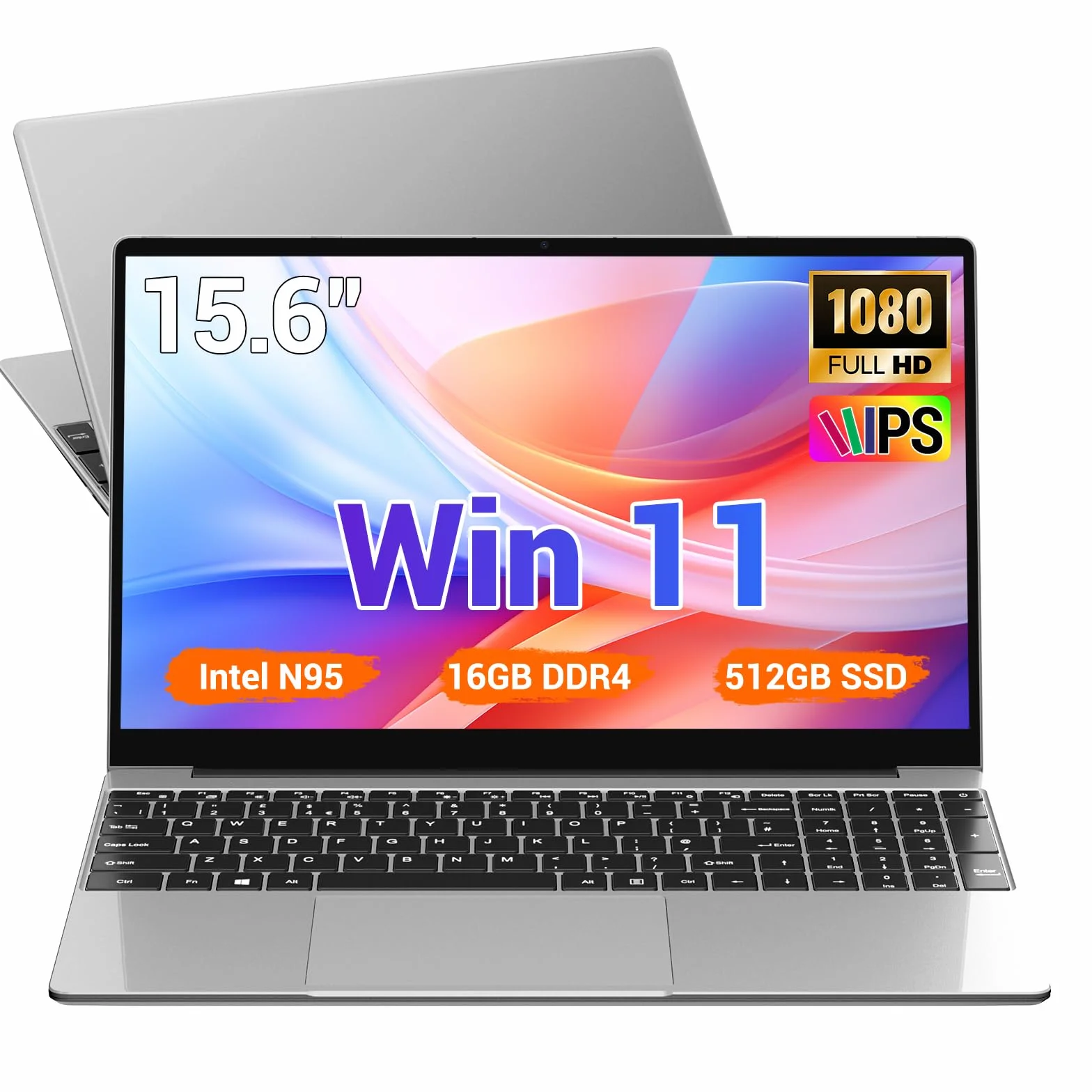 PC portátil 15,6 Pulgadas,16 GB DDR4,SSD 512 GB,TF de 1 TB,N95 (hasta 3,4 GHz),Win11,1920 * 1080 FHD,5G WiFi/Widevine L1/DC 3.0/HDMI/Teclado España de Membrana,Plata