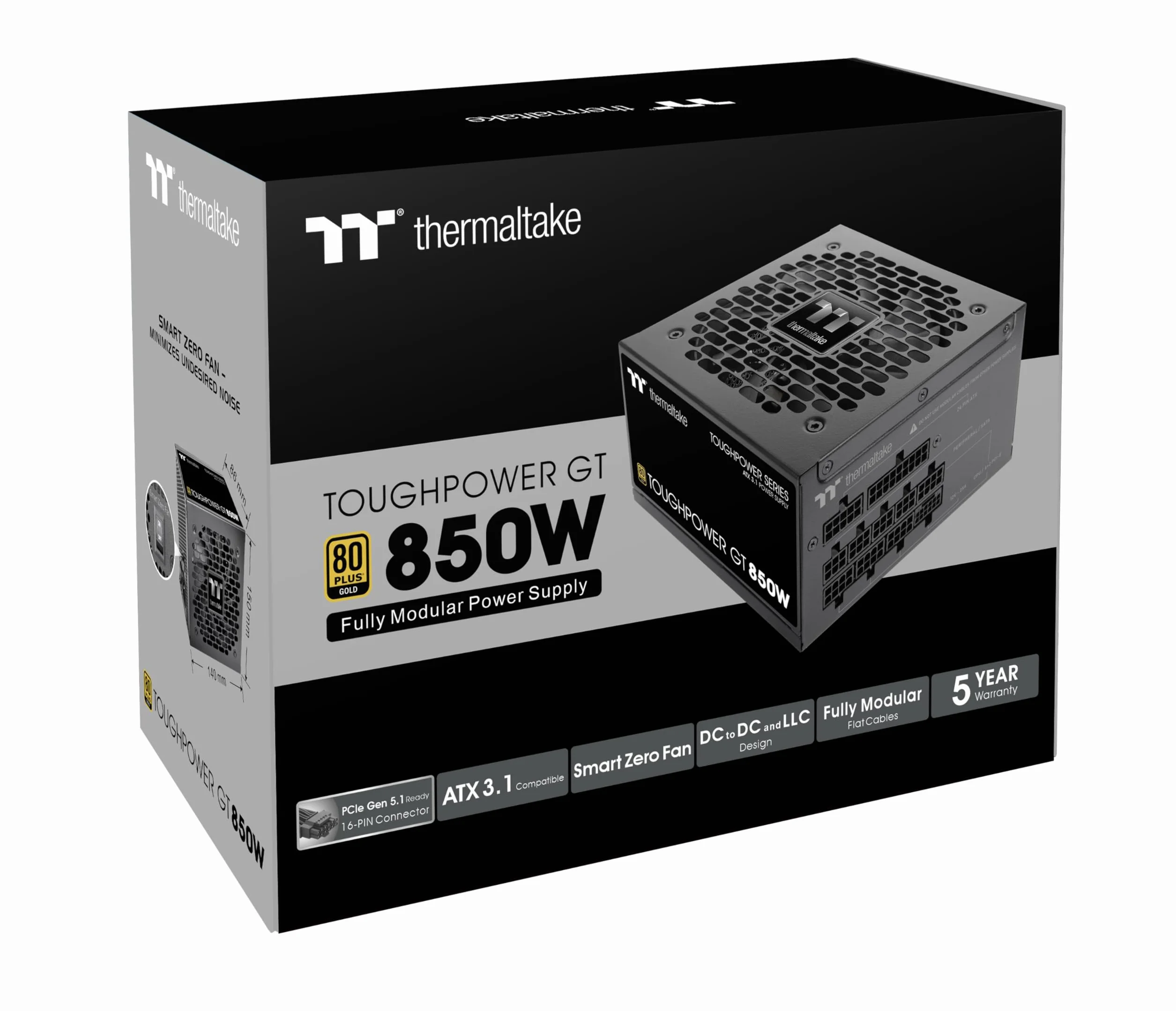 Thermaltake Toughpower GT 850W | Fuente de Alimentación Totalmente Modular ATX 3.1 | PCIe 5.1 12V-2x6 Nativo | 80 Plus Gold | Ventilador 120mm Silencioso | Smart Zero Fan | 5 Años Garantía | Negro