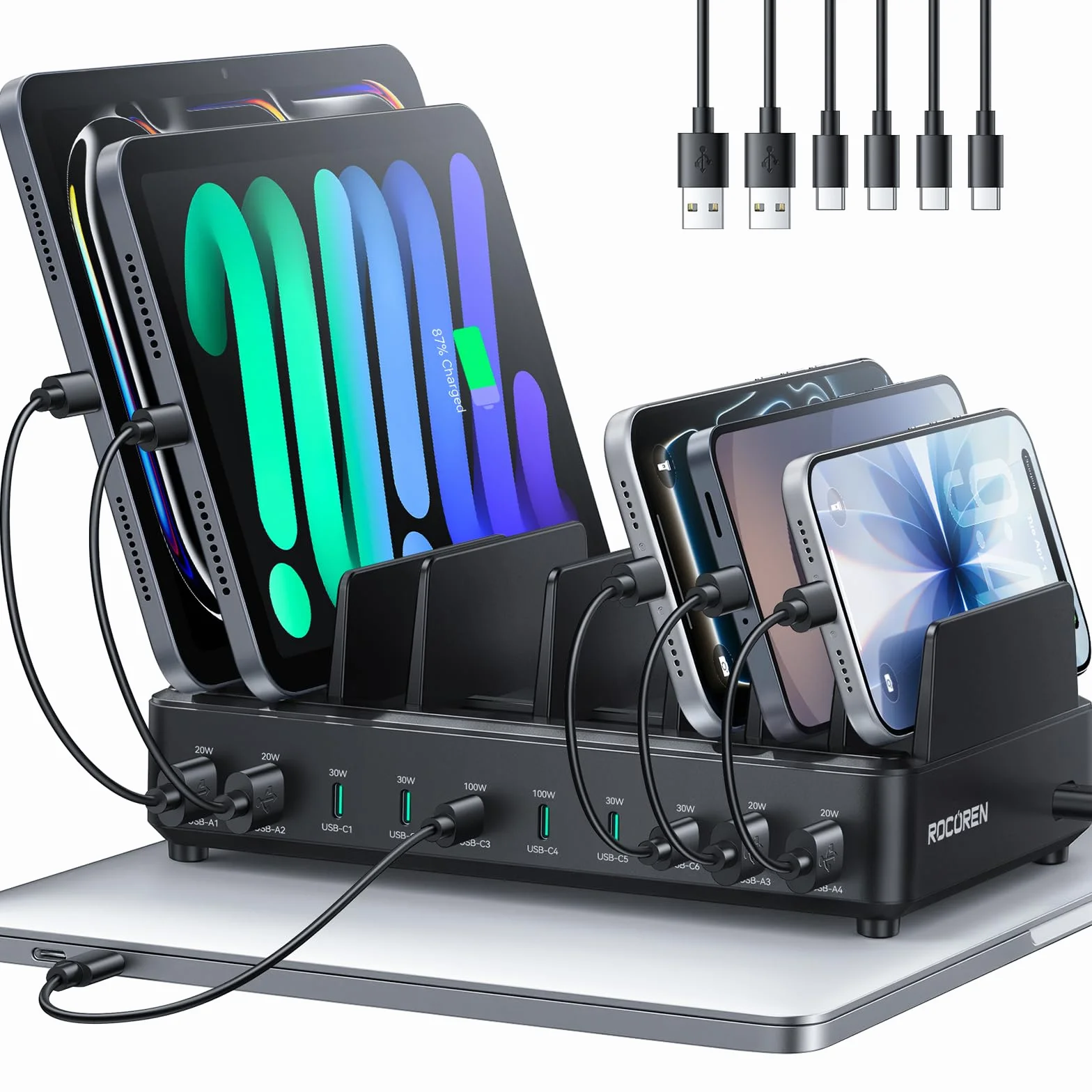 Rocoren Estación de carga de 400 W para múltiples dispositivos, 10 puertos doble PD 100 W USB C estación de carga con 6 cables, organizador multidispositivo, base de carga rápida para MacBook, iPad