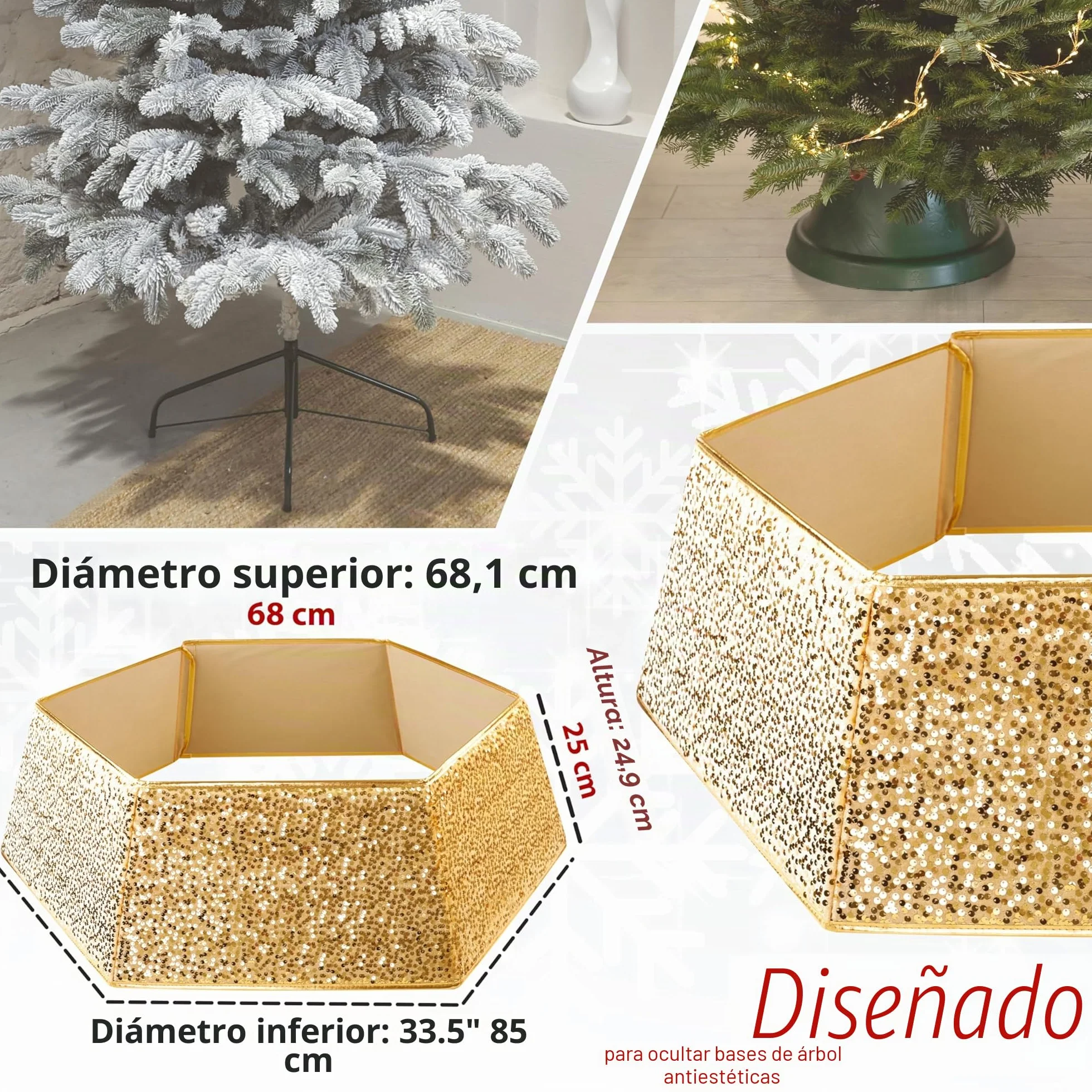 DECO EXPRESS Falda para Árbol de Navidad con Lentejuelas 68x85 cm, Cubre Árbol Hexagonal con Cierre de Velcro