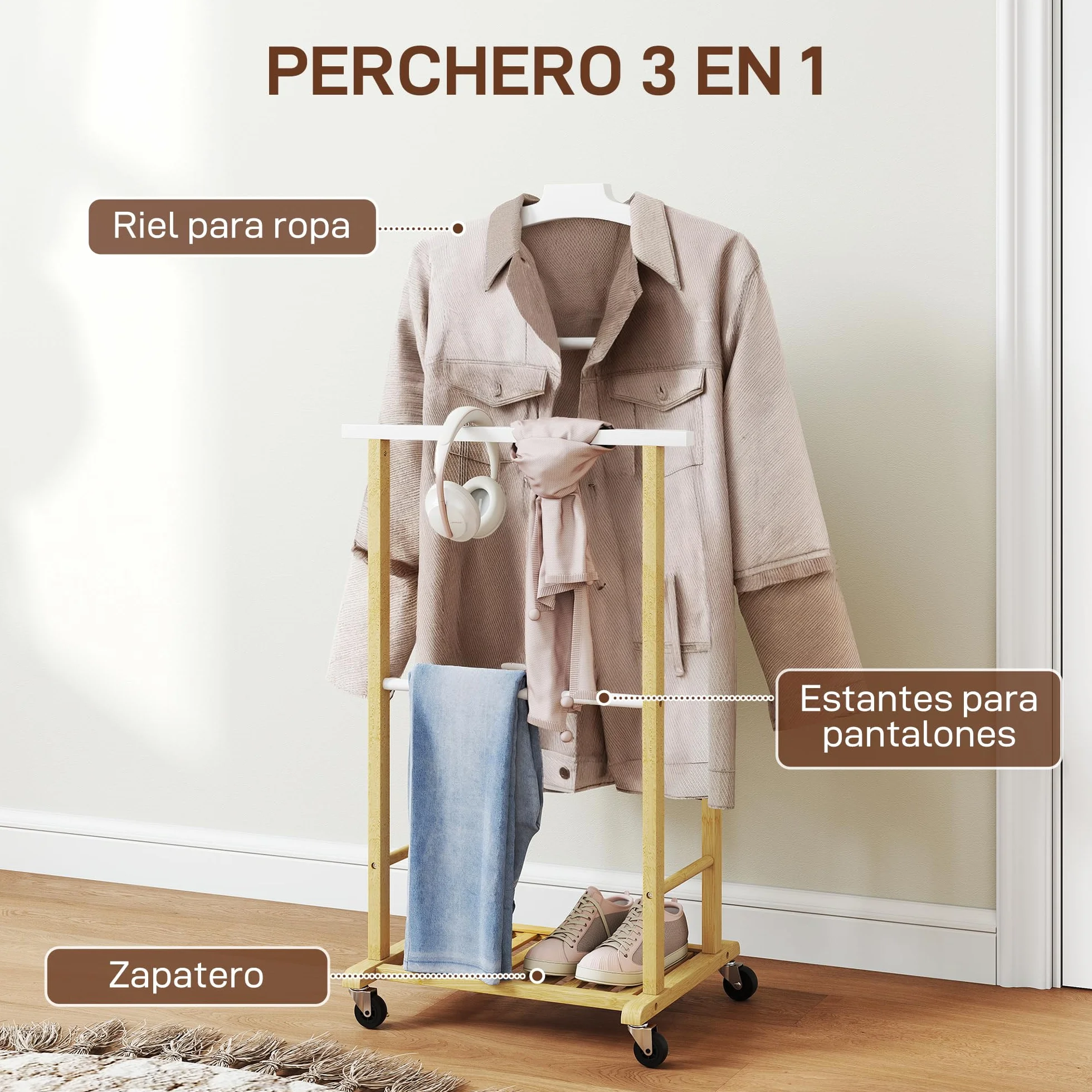 HOMCOM Perchero con Ruedas de Bambú, Colgadores de Ropa y Zapatero, 47x33,7x105,5 cm, Natural y Blanco