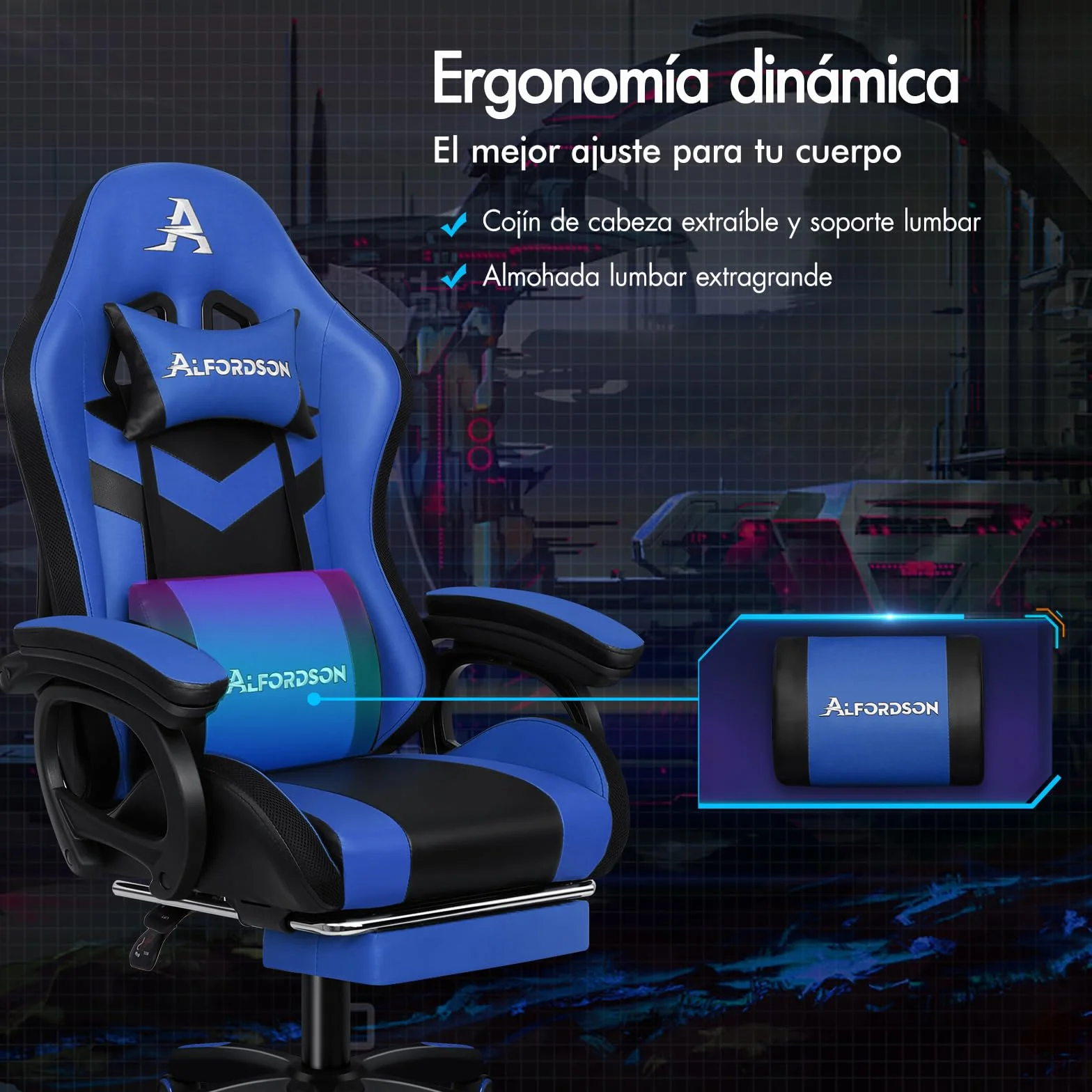 ALFORDSON Silla Gaming Ergonómica con Masaje LED y Reposapiés Telescópico, Cuero PU Azul